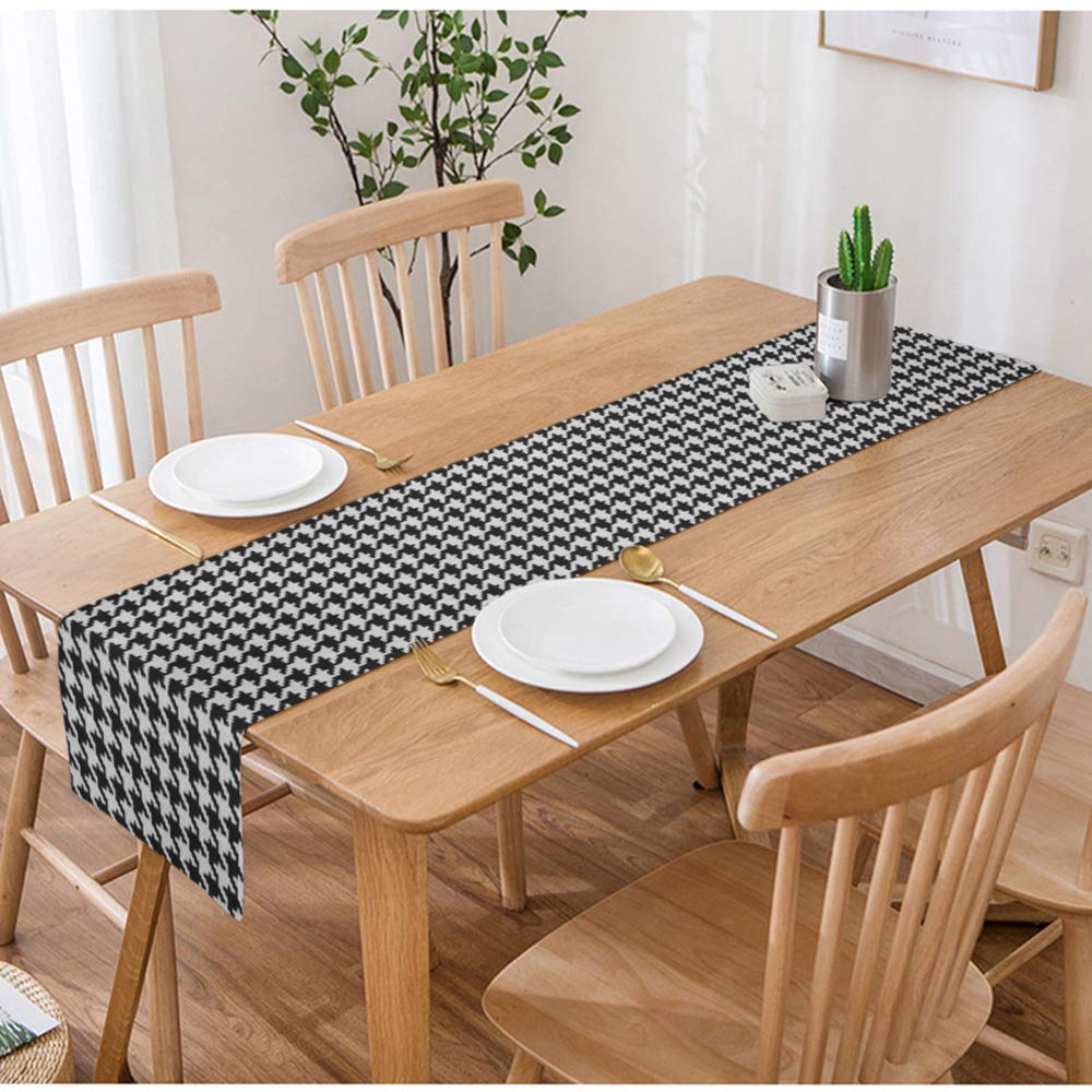 Swono Black and White Houndstooth Pixel Table Runner - 14