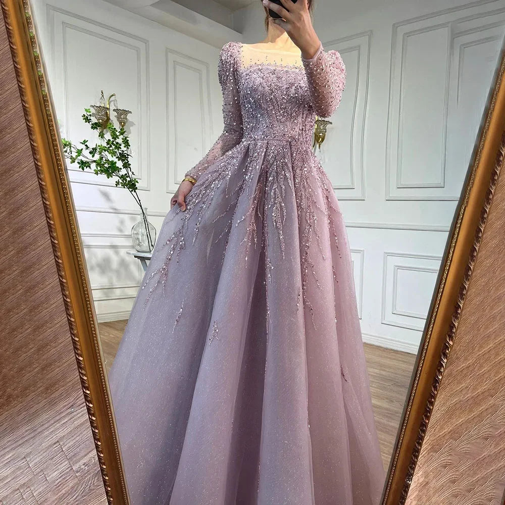 Elegant Dusty Pink Long Sleeve Evening Gown - Luxury Dubai Party Dress for Women LA71915 | Perfect for Weddings, Galas & Formal Events