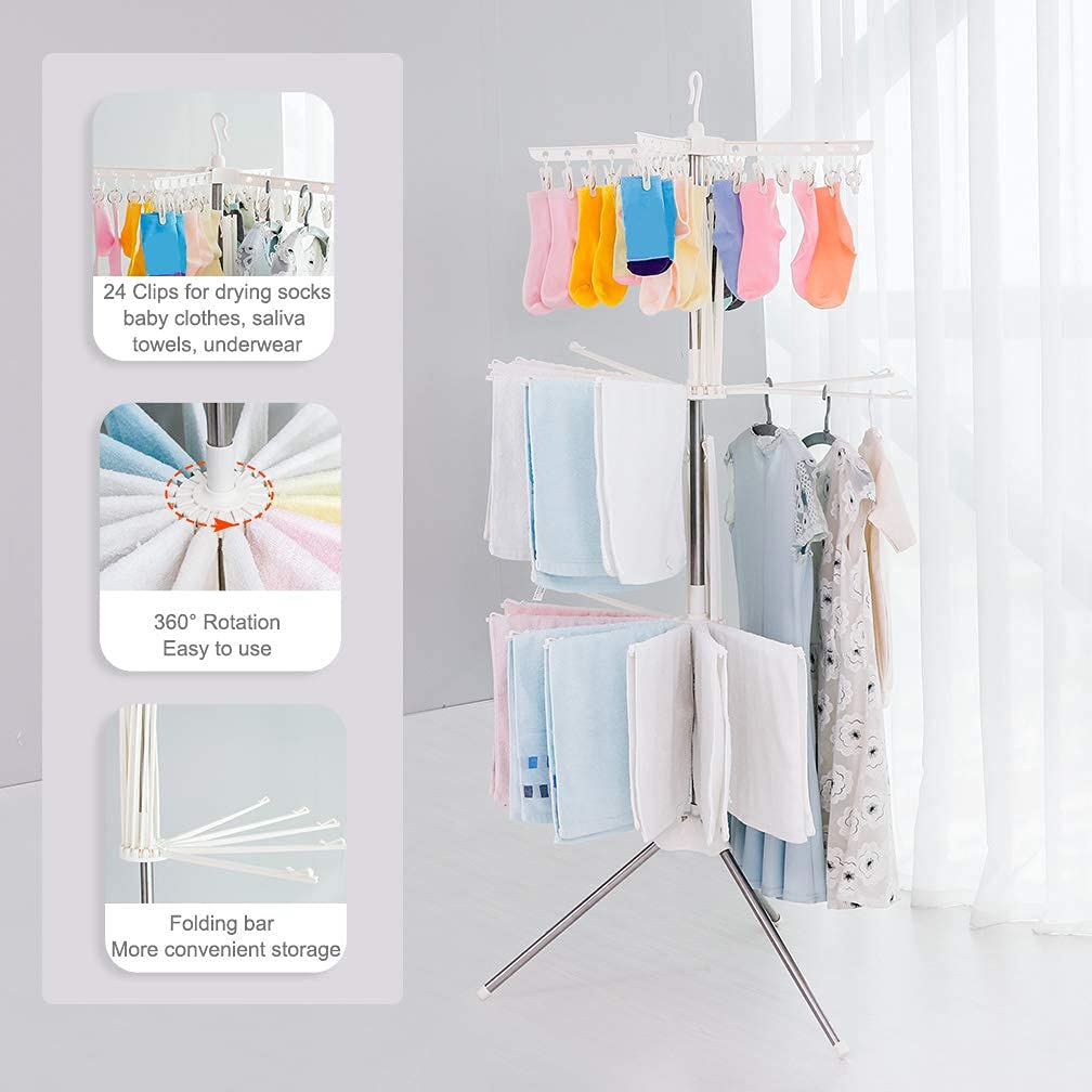 Foldable Clothes Drying Rack with 24 Clips & 32 Towel Bars - 3-Tier Space Saving Garment Hanger for Baby Clothes, Socks, Bibs, Underwear & More | Perfect for Laundry Room, Balcony & Small Apartments (Ivory)