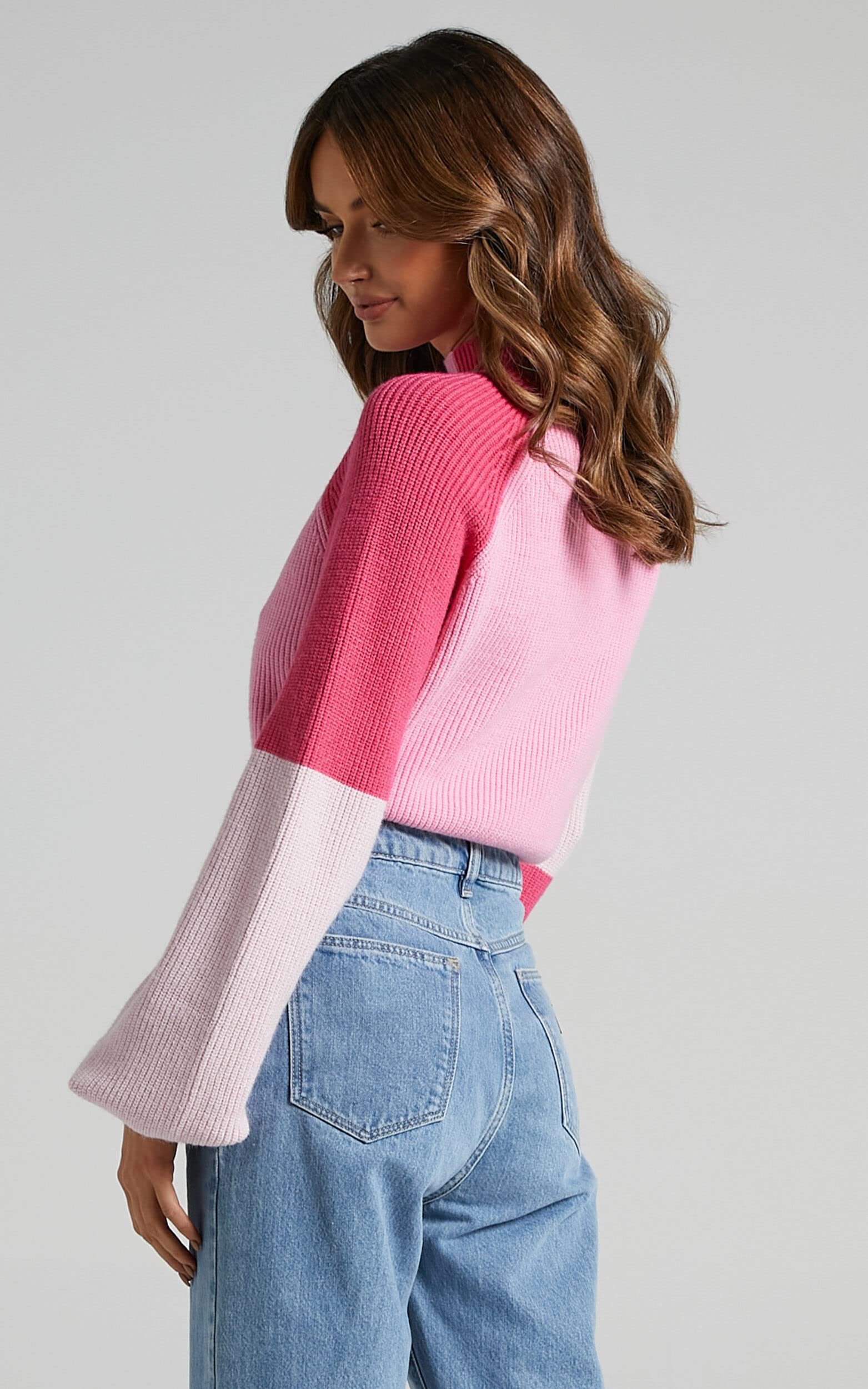 ZAFUL Women's Mock Neck Color Block Knitted Pullover Sweater - Casual Cropped Lantern Sleeve Jumper Top for Fall Winter Fashion, Office Wear & Date Night Outfits