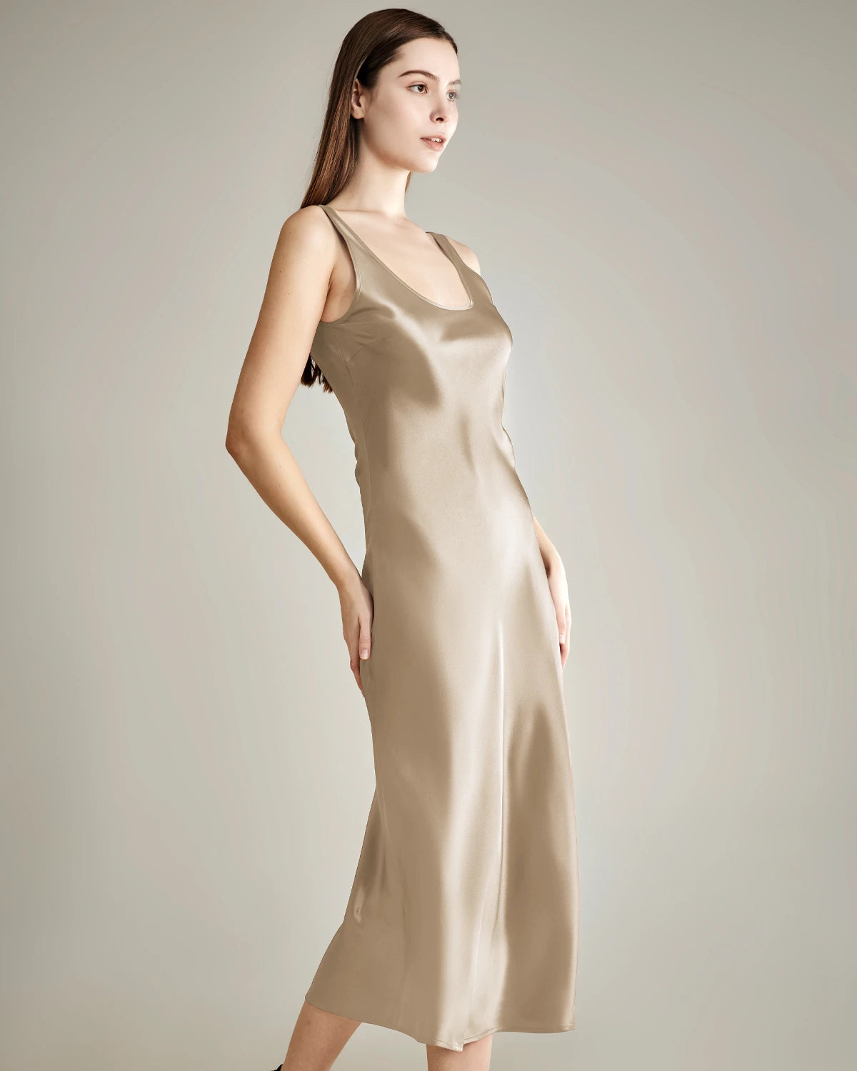 Elegant Scoop Neck Midi Silk Slip Dress for Women - Comfortable & Luxurious Nightwear, Loungewear & Evening Wear