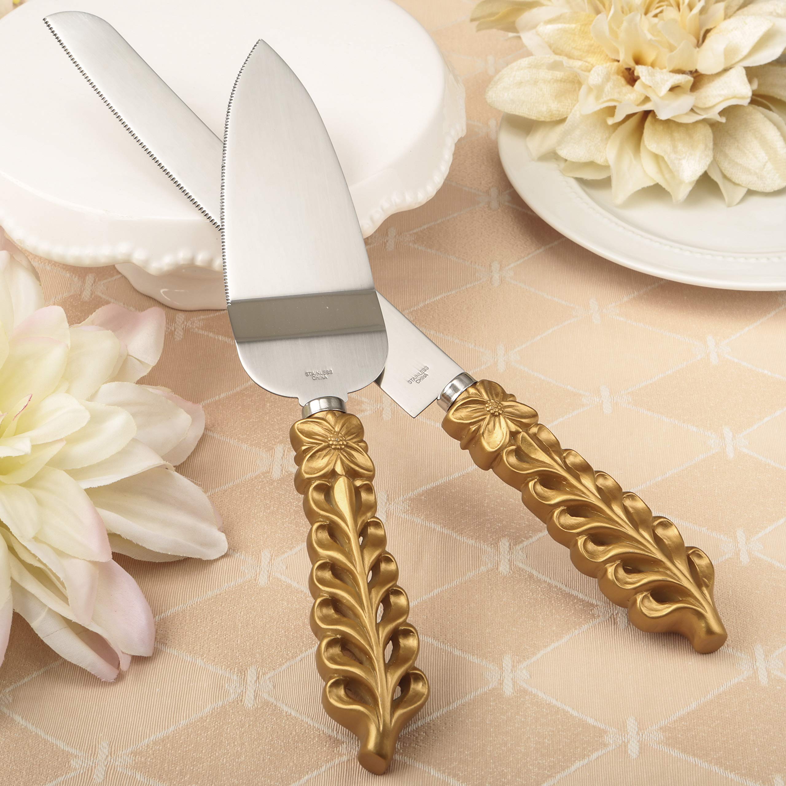FASHIONCRAFT 2528 Gold Lattice Botanical Collection Stainless Steel Cake Knife Set - Cake Knife & Server for Weddings, Birthdays & Special Occasions