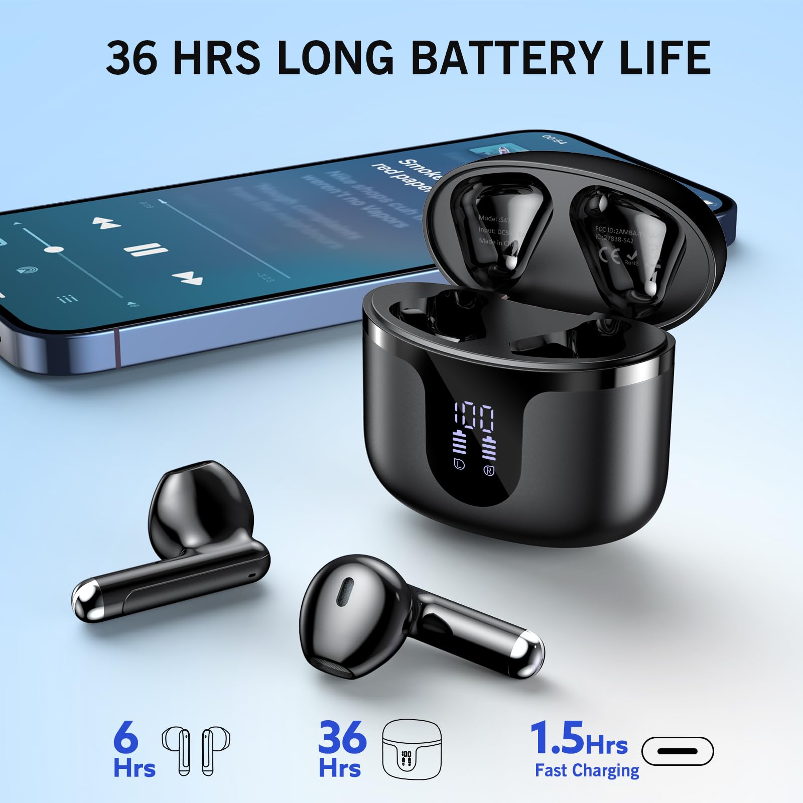 Premium Wireless Earbuds Bluetooth 5.3 with HiFi Stereo & Deep Bass - 4-Mic Noise Cancelling Headphones, 40Hrs Playtime, IPX7 Waterproof Wireless Earphones (Midnight Black) - Perfect for Workouts, Commuting & Travel