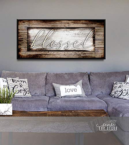 Blessed Sign Religious Wall Decor - Christian Framed Canvas Art with Floating Frame (42x19 Inches, Brown & Black) - Perfect for Living Room, Bedroom & Church Décor