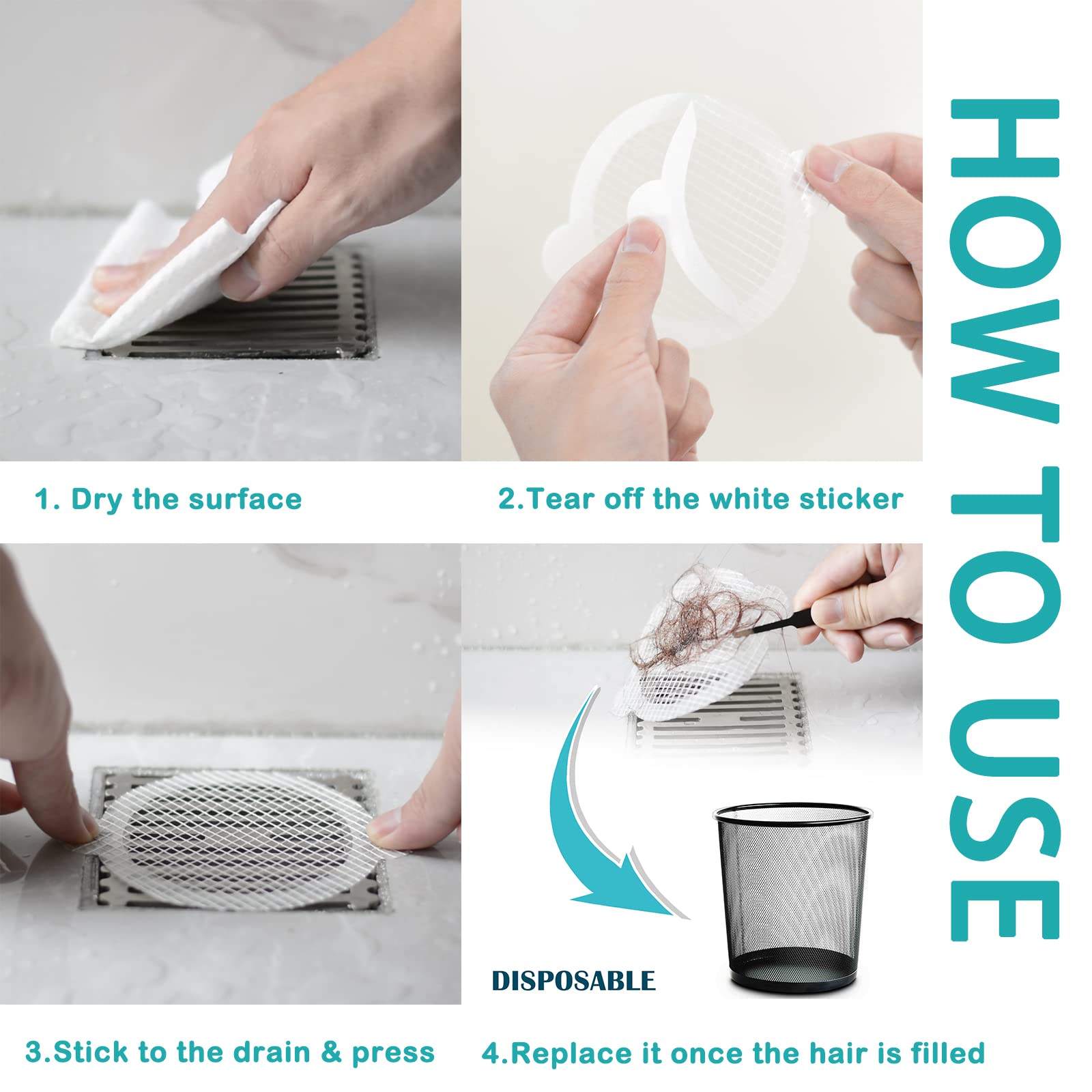 MOCOST Disposable Shower Drain Hair Catcher Stickers - 30 Pack 4.3 Inch Mesh Stickers with Cleaning Tweezers - Prevent Clogged Drains & Pipe Blockages - Perfect for Bathroom, Shower, Sink Drain Maintenance