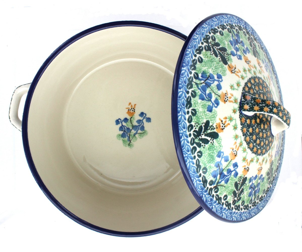 Blue Rose Polish Pottery Lily of the Valley Covered Round Baker - Handmade Ceramic Baking Dish for Casseroles, Pies & Bread | Perfect for Holiday Dinners & Rustic Kitchen Decor