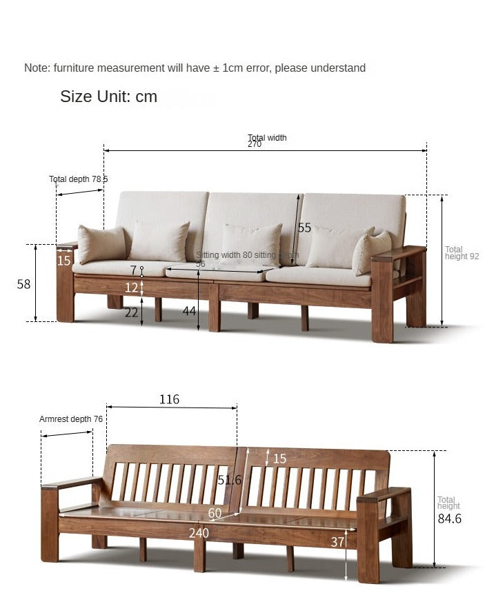 Premium Black Walnut Solid Wood Fabric Sofa - Modern Nordic Style 2-in-1 Convertible Sofa Bed for Living Room & Guest Room | Durable & Stylish Home Furniture