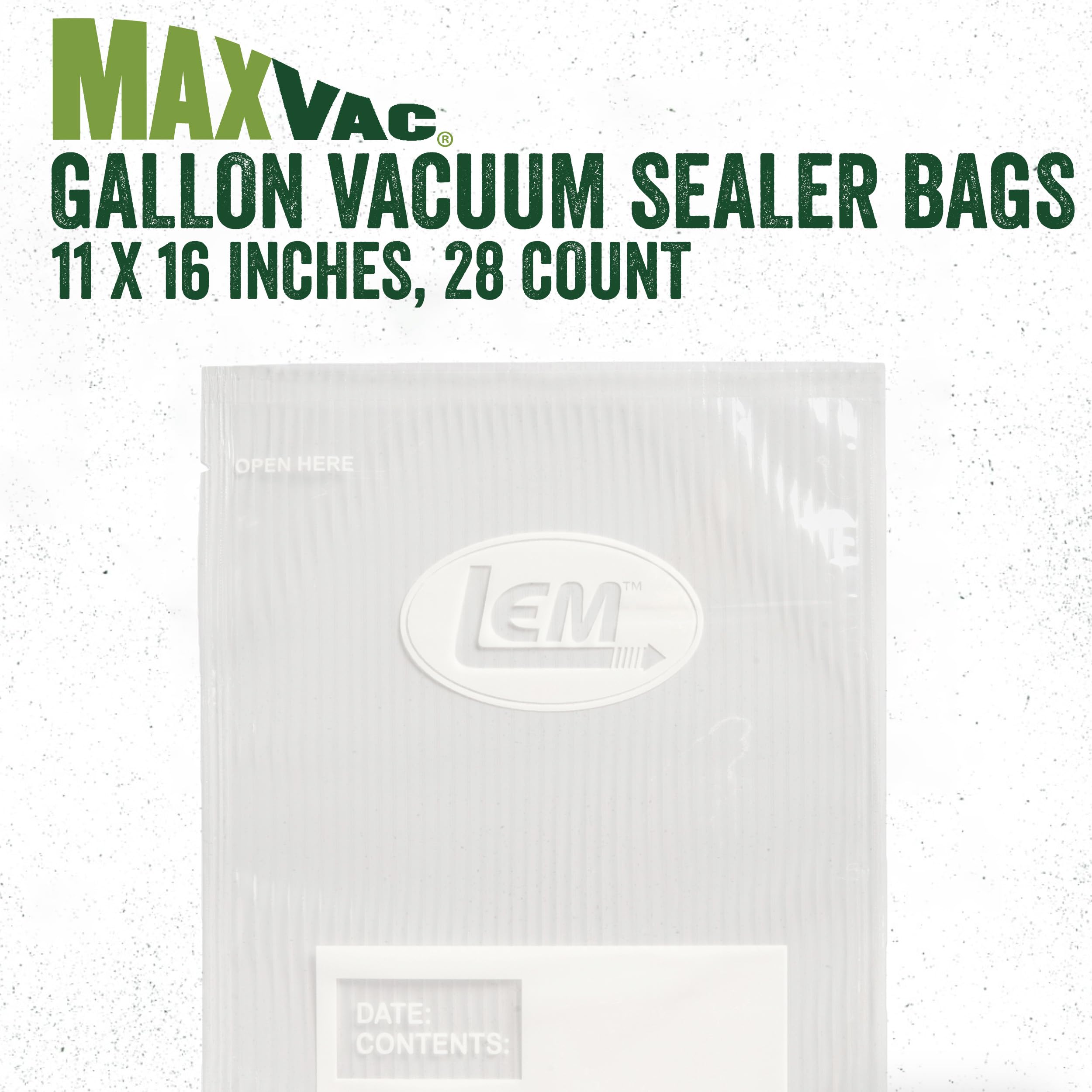 LEM Products MaxVac Gallon Vacuum Sealer Bags - 11 x 16 Inches (28 Count) | Compatible with FoodSaver, Weston & Major Vacuum Sealers | Perfect for Freezing Meat, Sous Vide & Long-Term Food Storage