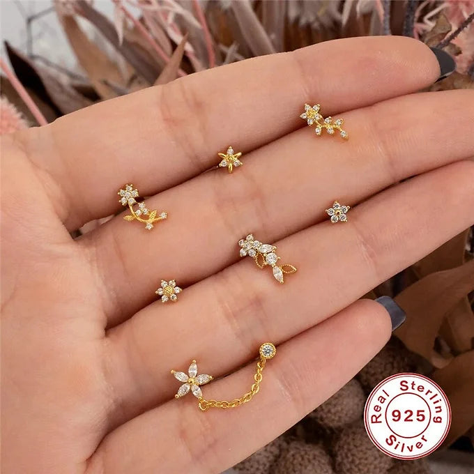 Sterling Silver Flower Cartilage Earrings - Dainty Bar Conch Studs for Women | Perfect for Everyday Wear, Gifts & Special Occasions | HC039