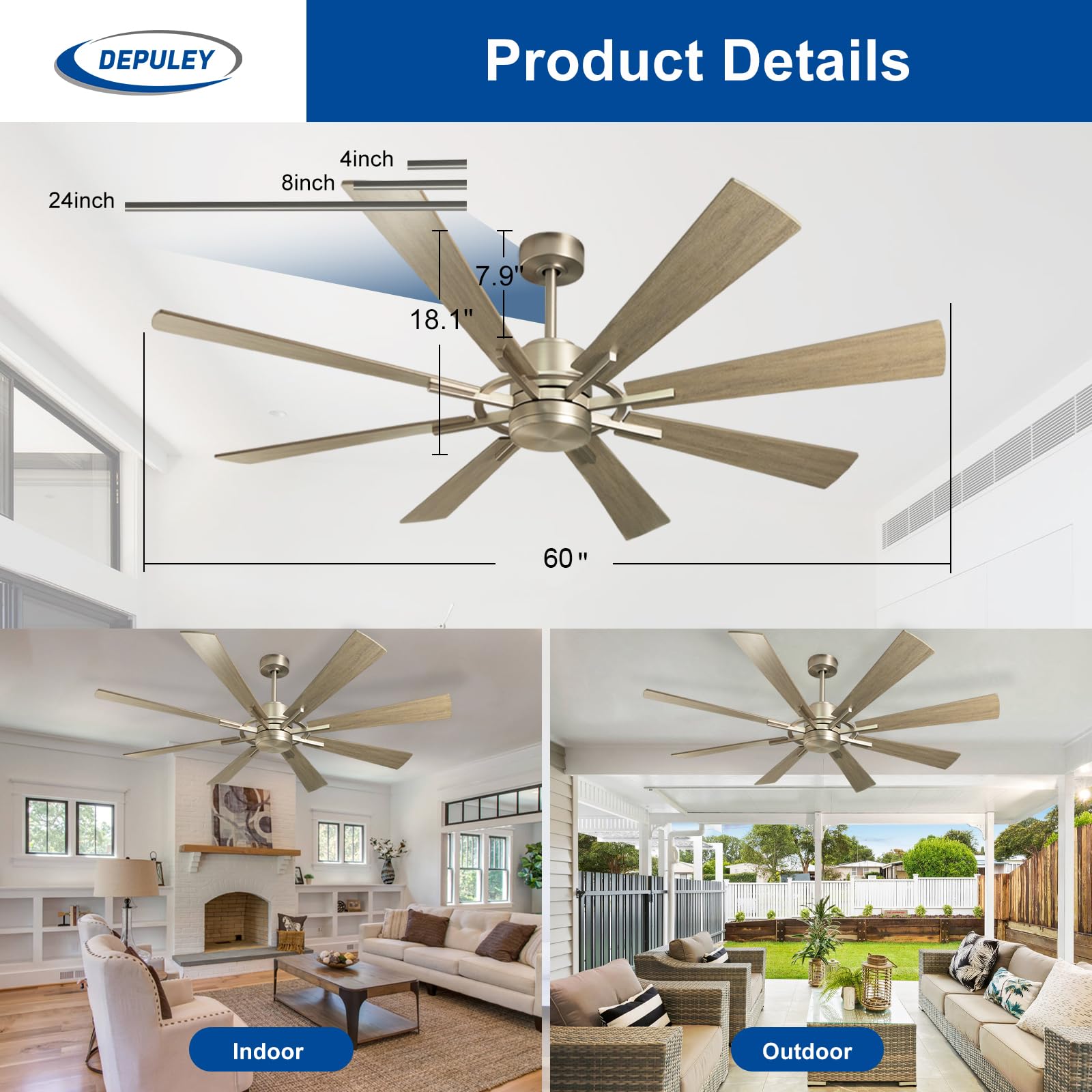 Depuley 60 Inch Smart Ceiling Fan Without Light - Remote & APP Control, Reversible 8 Blade Wood Farmhouse Fan for Indoor/Outdoor Use, Quiet DC Motor with Memory Function & Timer | Perfect for Living Rooms, Bedrooms, Patios & Large Spaces