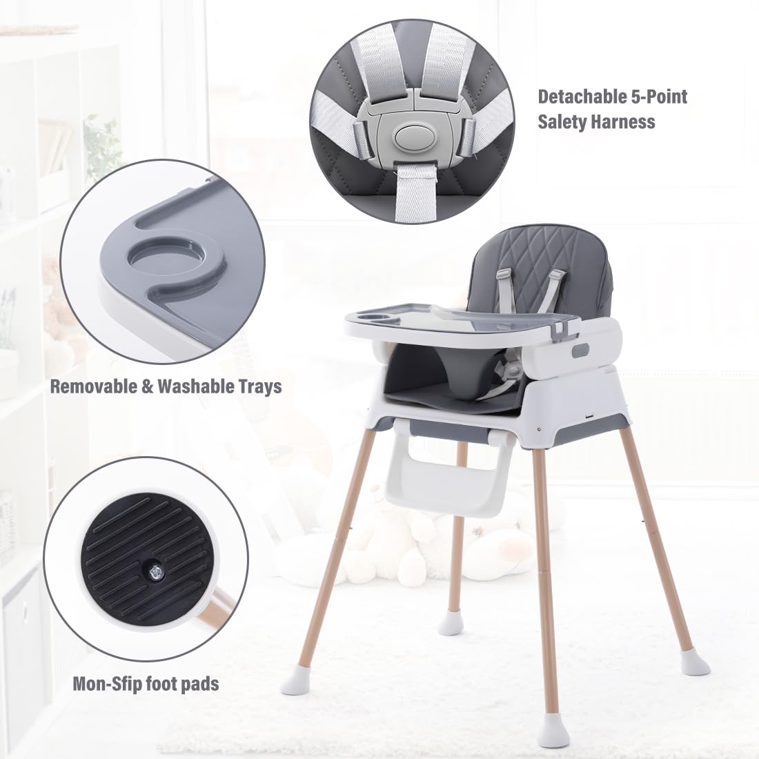 3 in 1 Adjustable Convertible Baby High Chair with Detachable Double Tray & 5-Point Harness - Infant Feeding Booster Seat for Dining, Travel & Home Use - Deep Gray