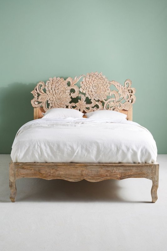 Hand Carved Solid Wood Lotus Platform Bed with Headboard - Handmade Indian Wooden Bed Frame for Master Bedroom & Guest Room Decor