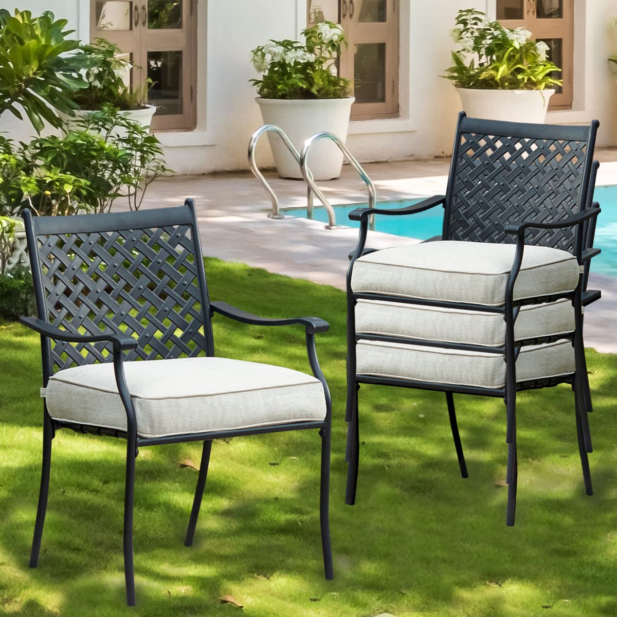 4-Piece Metal Outdoor Wrought Iron Patio Dining Chairs Set with Arms & Cushions (White) - Durable Garden Furniture for Backyard, Poolside & Restaurant Seating