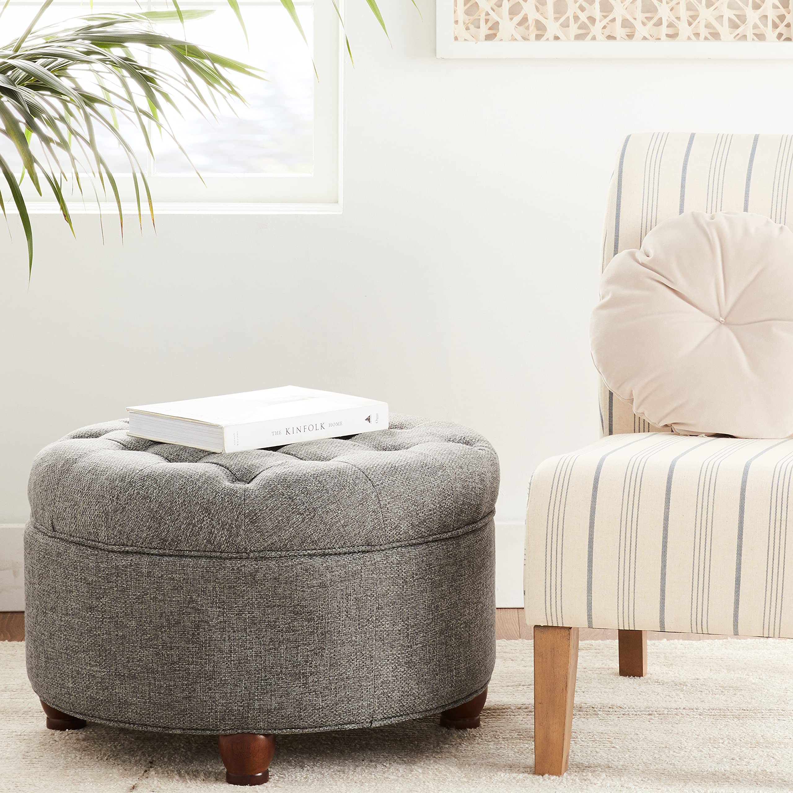 Homepop Button Tufted Woven Round Storage Ottoman - Dark Gray Storage Footrest for Living Room & Bedroom | Perfect for Small Space Organization & Extra Seating