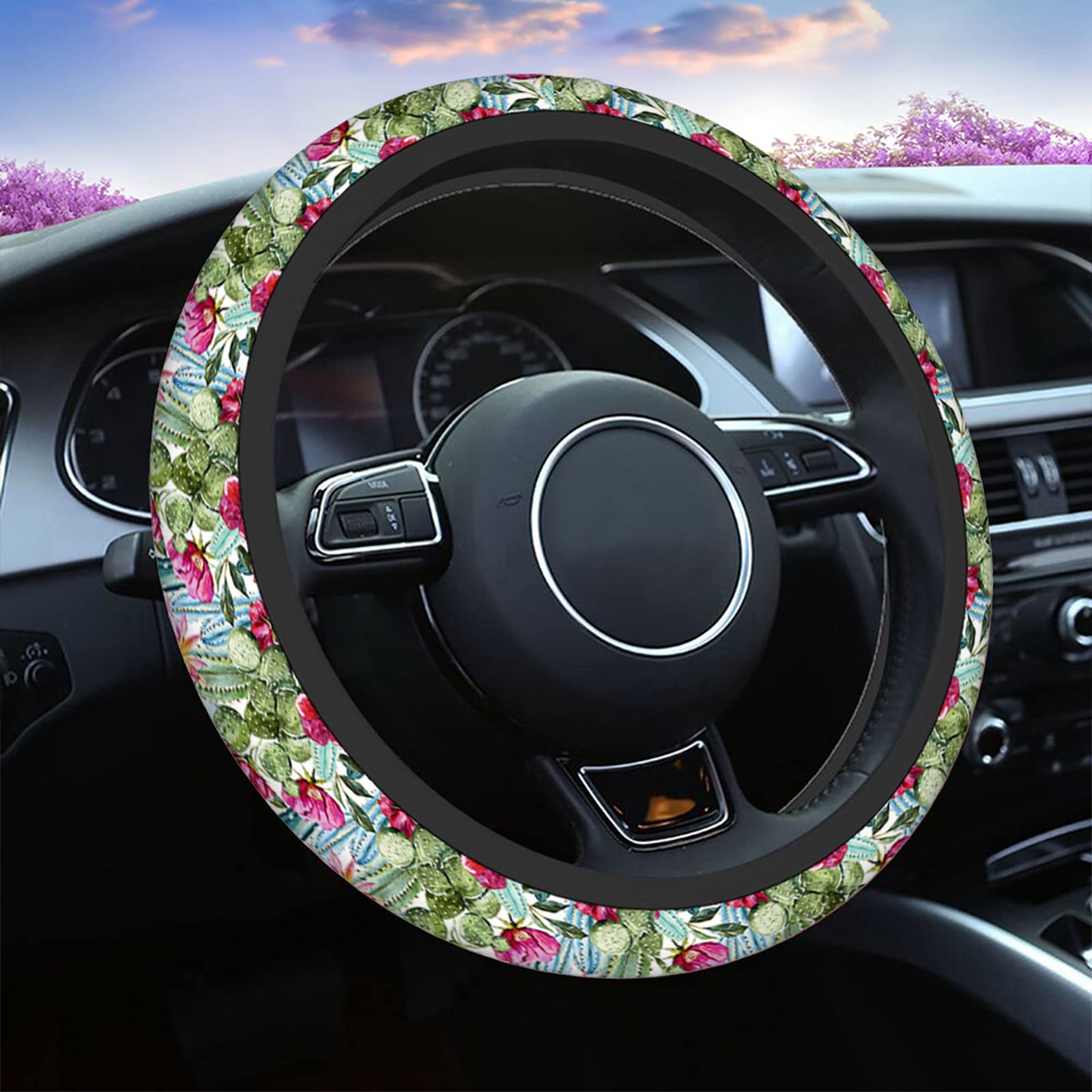 Swono Tropical Flowers Roses and Cactus Steering Wheel Cover - 15 Inch Universal Fit Anti-Slip Fabric Protector for Cars, SUVs, Sedans | Perfect for Summer Road Trips and Beach Getaways