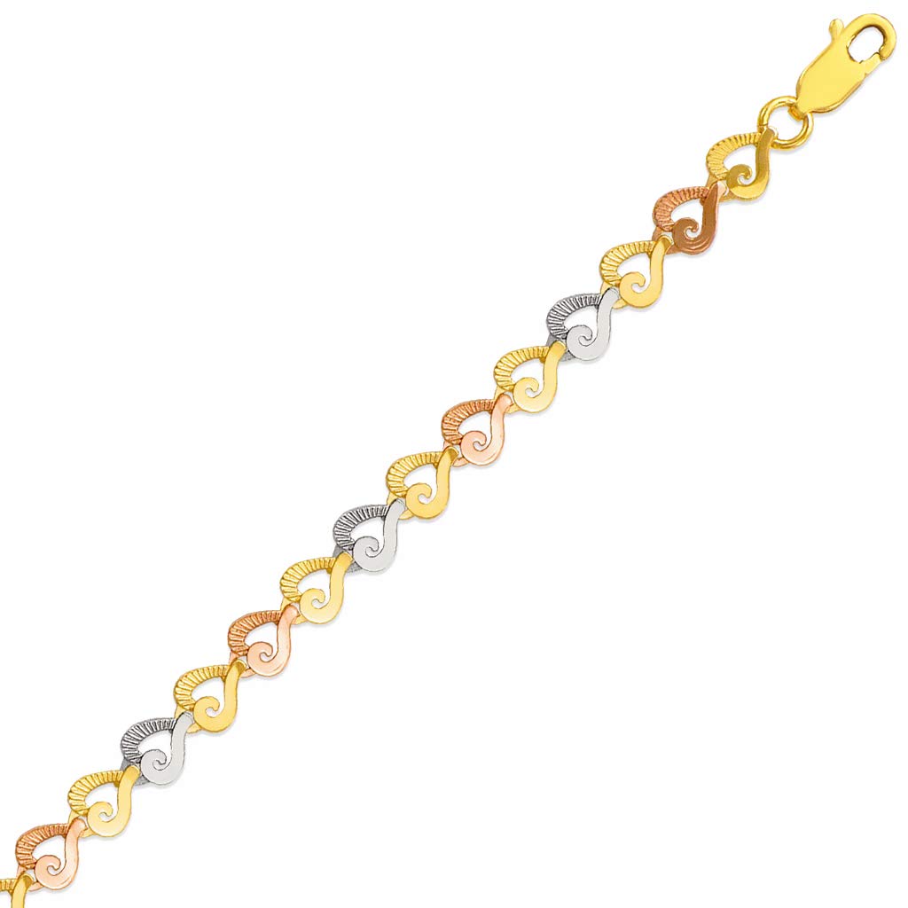 14K Tricolor Gold Heart Bracelet with Diamond Cut - Elegant Women's Fashion Jewelry Gift - 7 Inches - Perfect for Valentine's Day, Anniversary & Special Occasions
