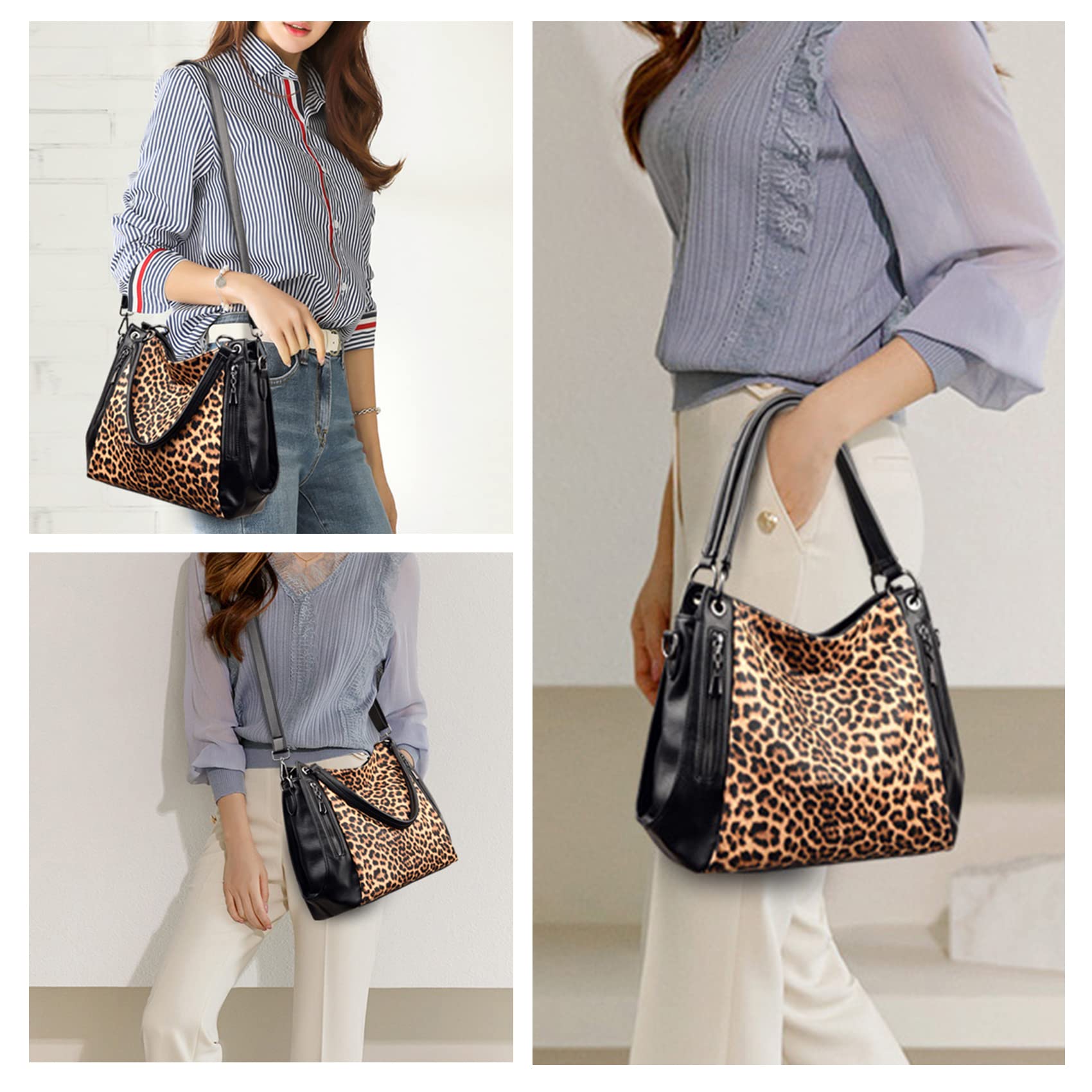Stylish NOTAG Women's Leopard Print Tote Bag - Soft PU Leather Shoulder Purse with Multiple Pockets, Top Handle & Crossbody Strap | Perfect for Work, Travel & Everyday Use