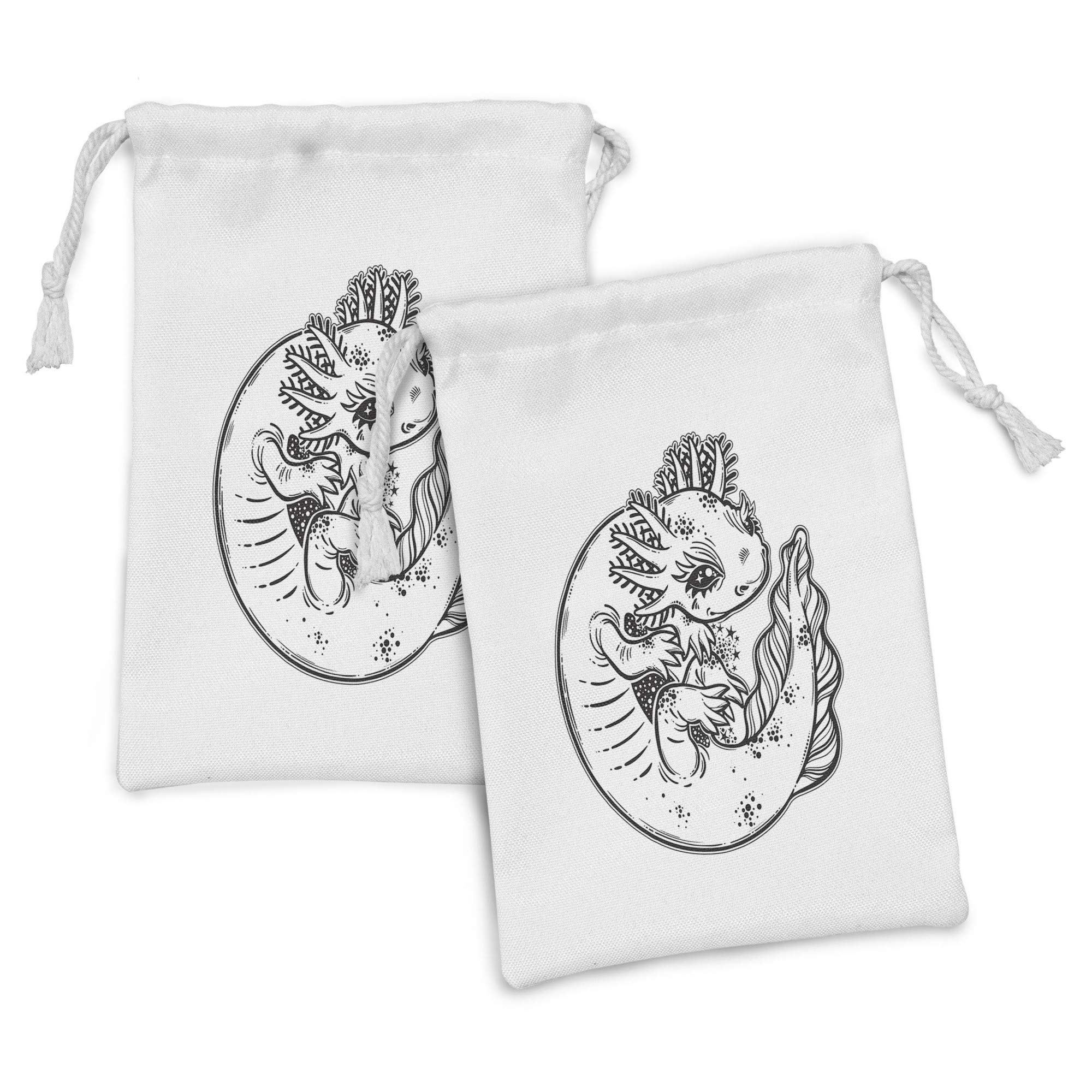 Ambesonne 2-Pack Salamander Fabric Pouches - Axolotl Monochrome Print Drawstring Bags (9