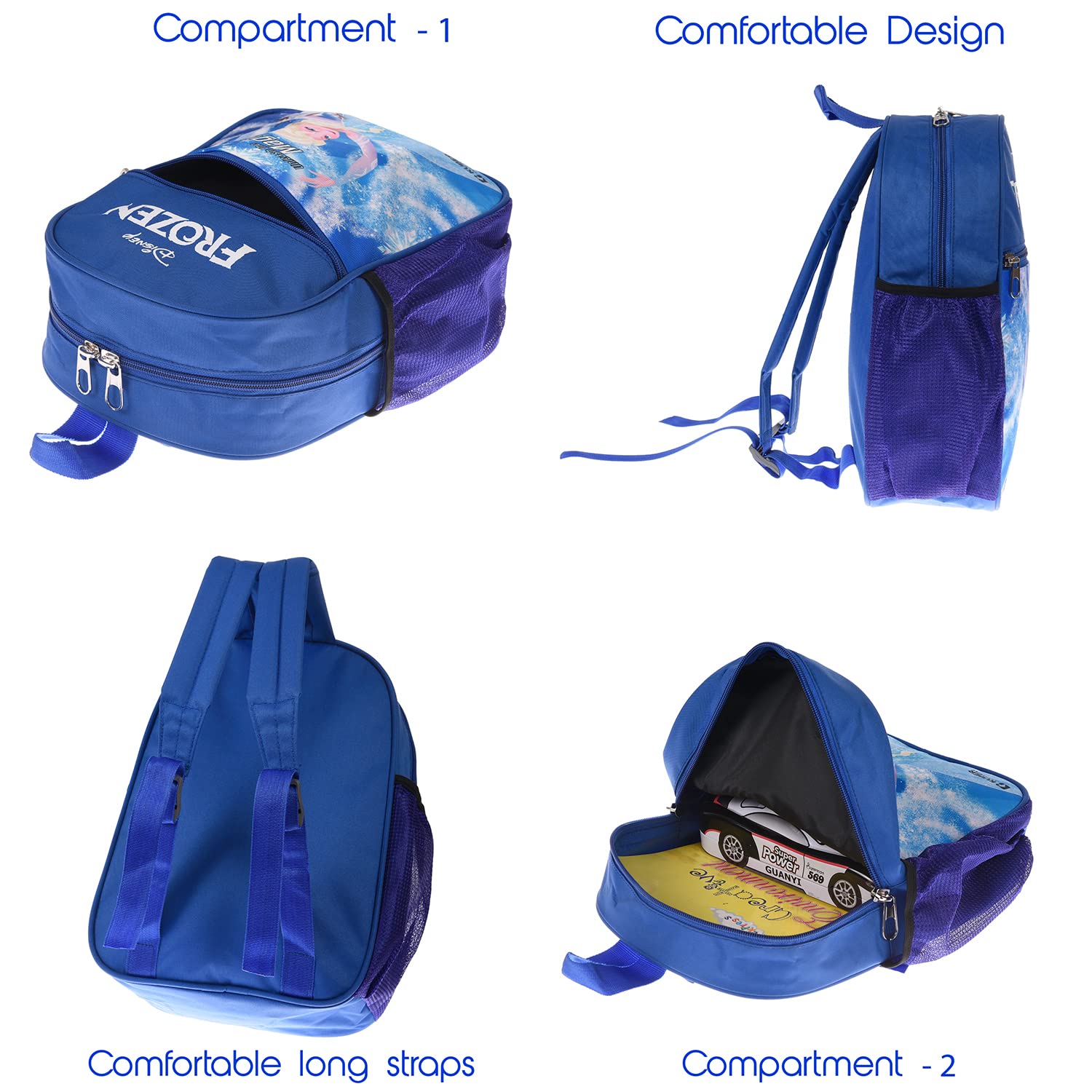 Disney Frozen Kids School Backpack - 2 Compartment Blue Rexine Bookbag for Girls with Zipper Closure | Perfect for Elementary School, Daycare & Travel Accessories