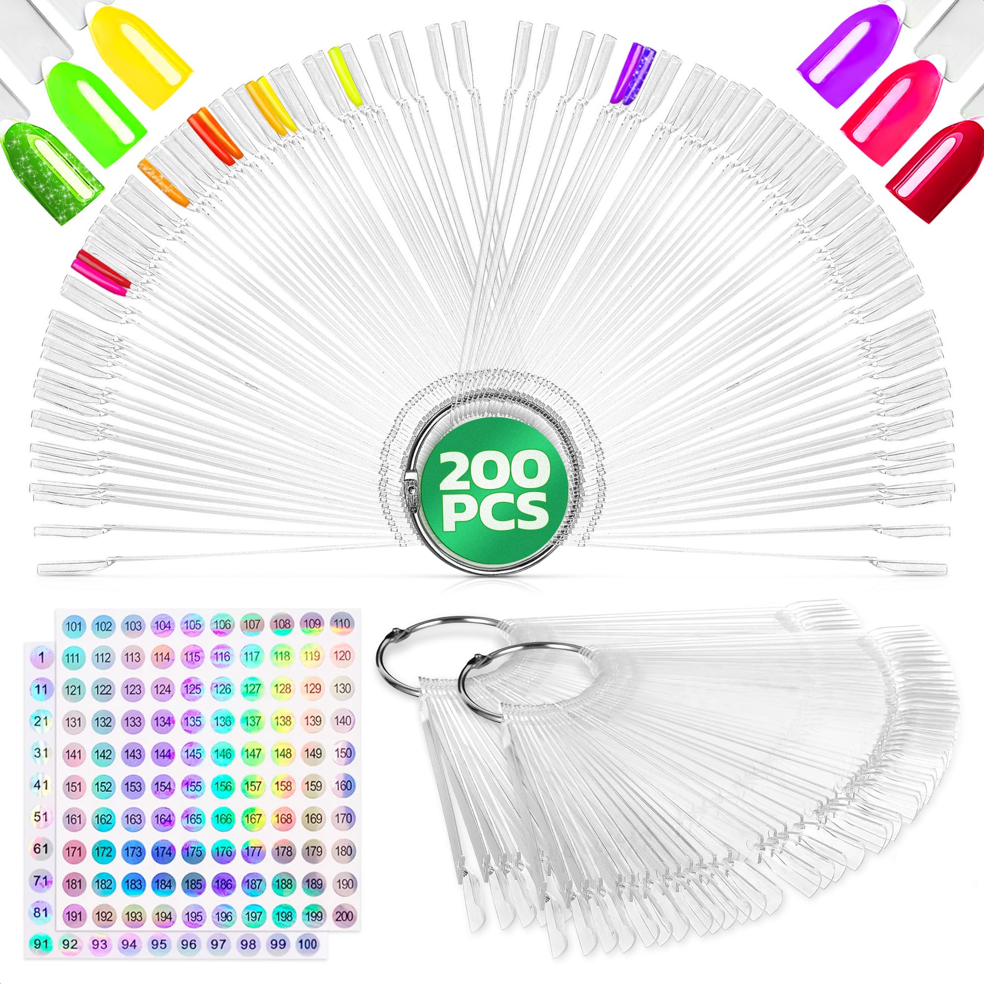 200Pcs Clear Nail Polish Swatch Sticks with Number Stickers - Professional Nail Color Display Rings for Salon & DIY Practice - Perfect for Nail Technicians, Beauty Students & Home Manicure Kits