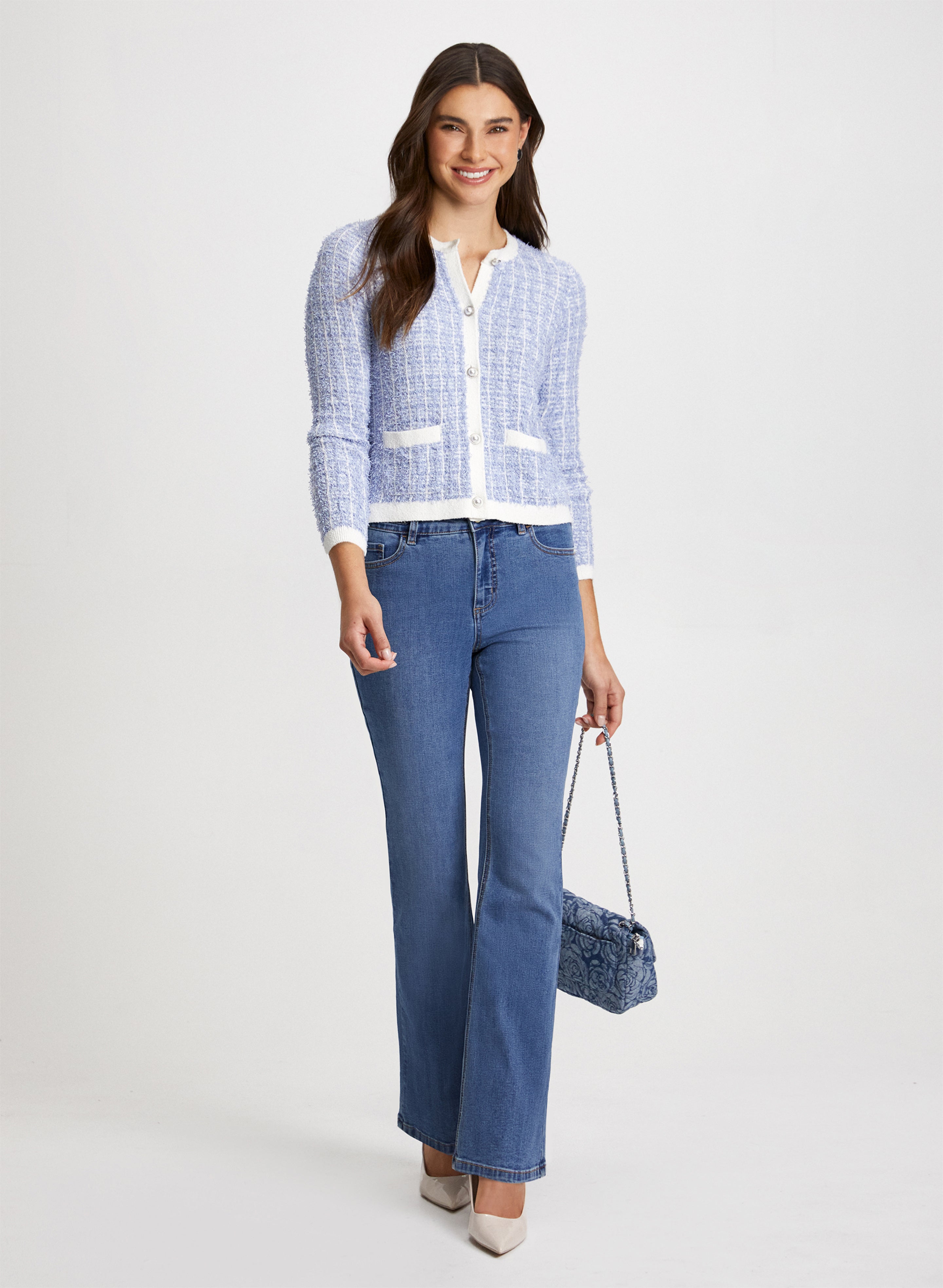 Stylish Bouclé Cardigan & Bootcut Jeans Outfit for Women | Cozy Knit Sweater & Flared Denim Pants | Perfect for Fall Fashion, Casual Wear & Office Outfits