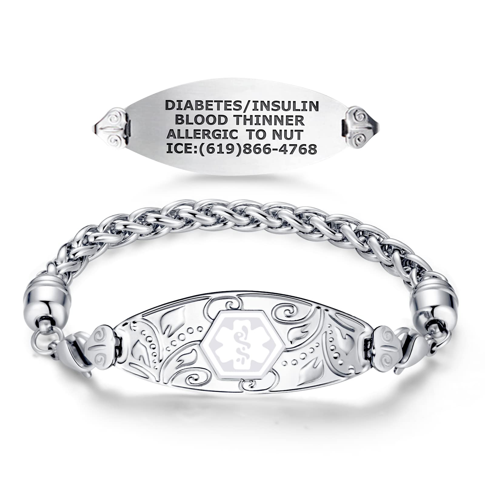 Divoti Custom Engraved Medical Alert Bracelets for Women - Stainless Steel Medical ID Bracelet with Free Engraving - Elegant Filigree Wheat Design - Adjustable Sizing - Perfect for Allergies, Diabetes & Emergency Medical Identification