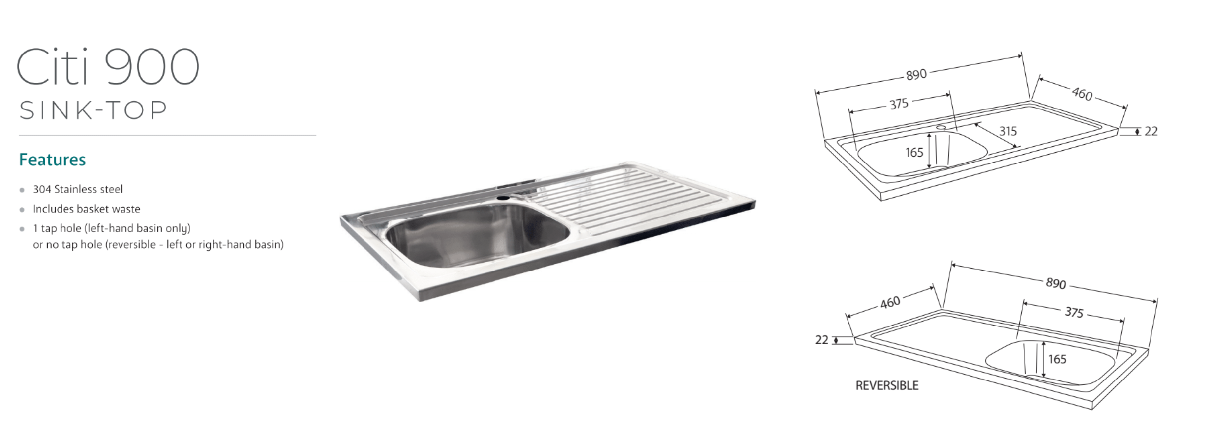 Fienza CIT90NKWR Citi 900mm Undermount Bathroom Sink with Vanity & Kickboard - Modern Space-Saving Design for Small Bathrooms & Powder Rooms