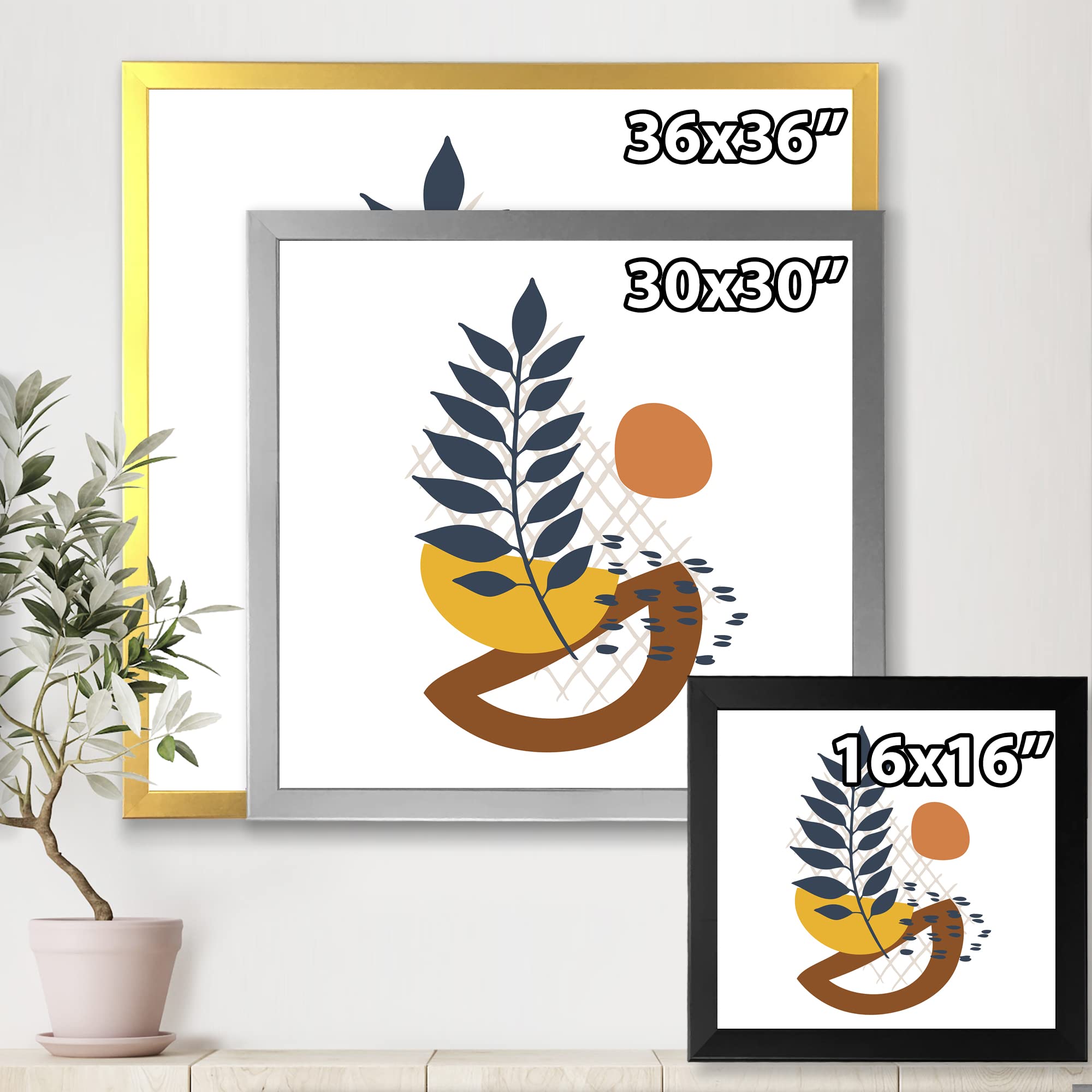 Modern Abstract Leaf Design Framed Wall Art for Living Room, Bedroom & Office Decor - Elementary Shapes Contemporary Home Decor