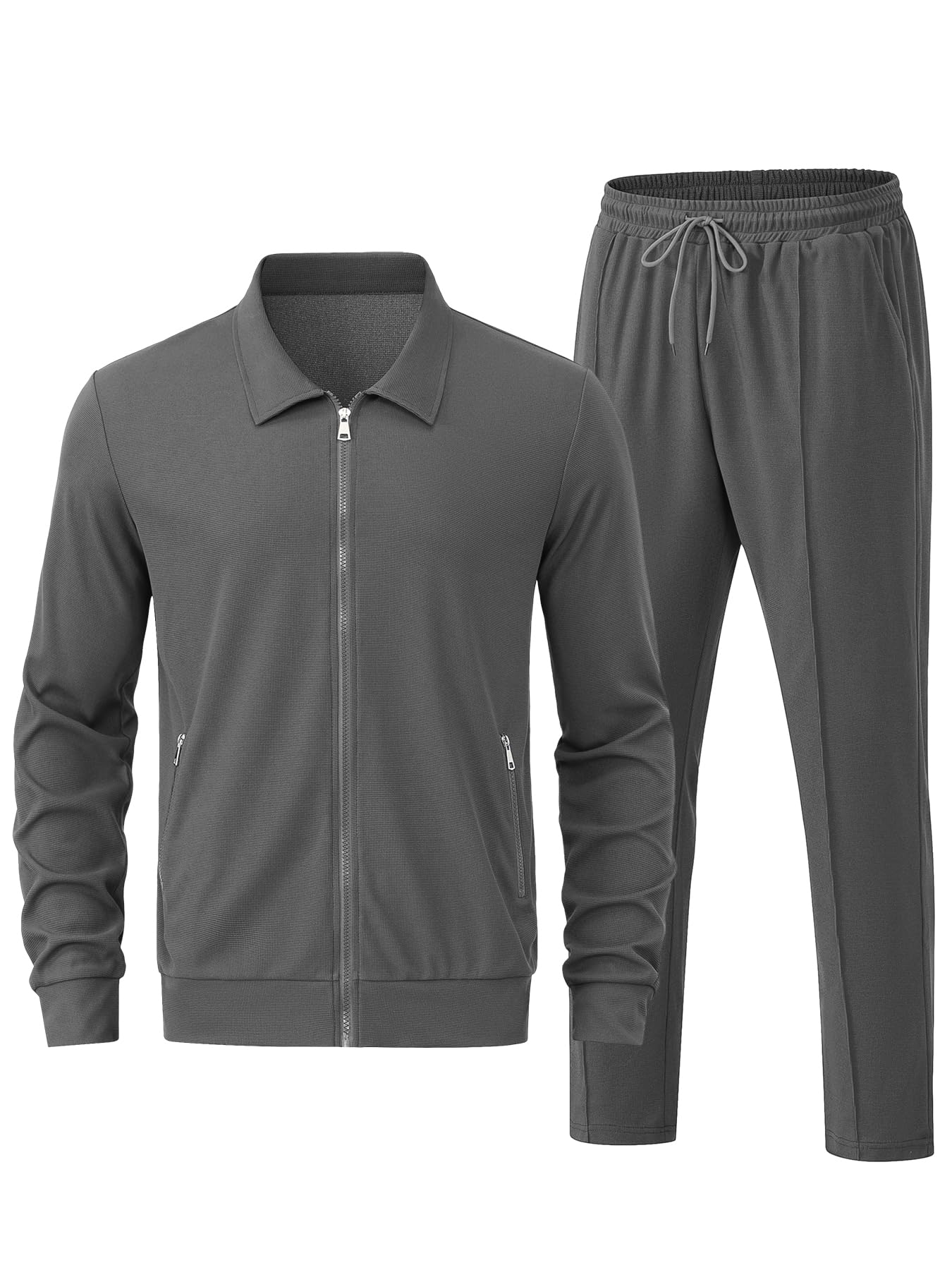 Men's Waffle Knit Tracksuit Set - 2 Piece Long Sleeve Zip Up Hoodie & Jogger Pants - Solid Color Athletic Sweatsuit for Running, Gym, and Casual Wear