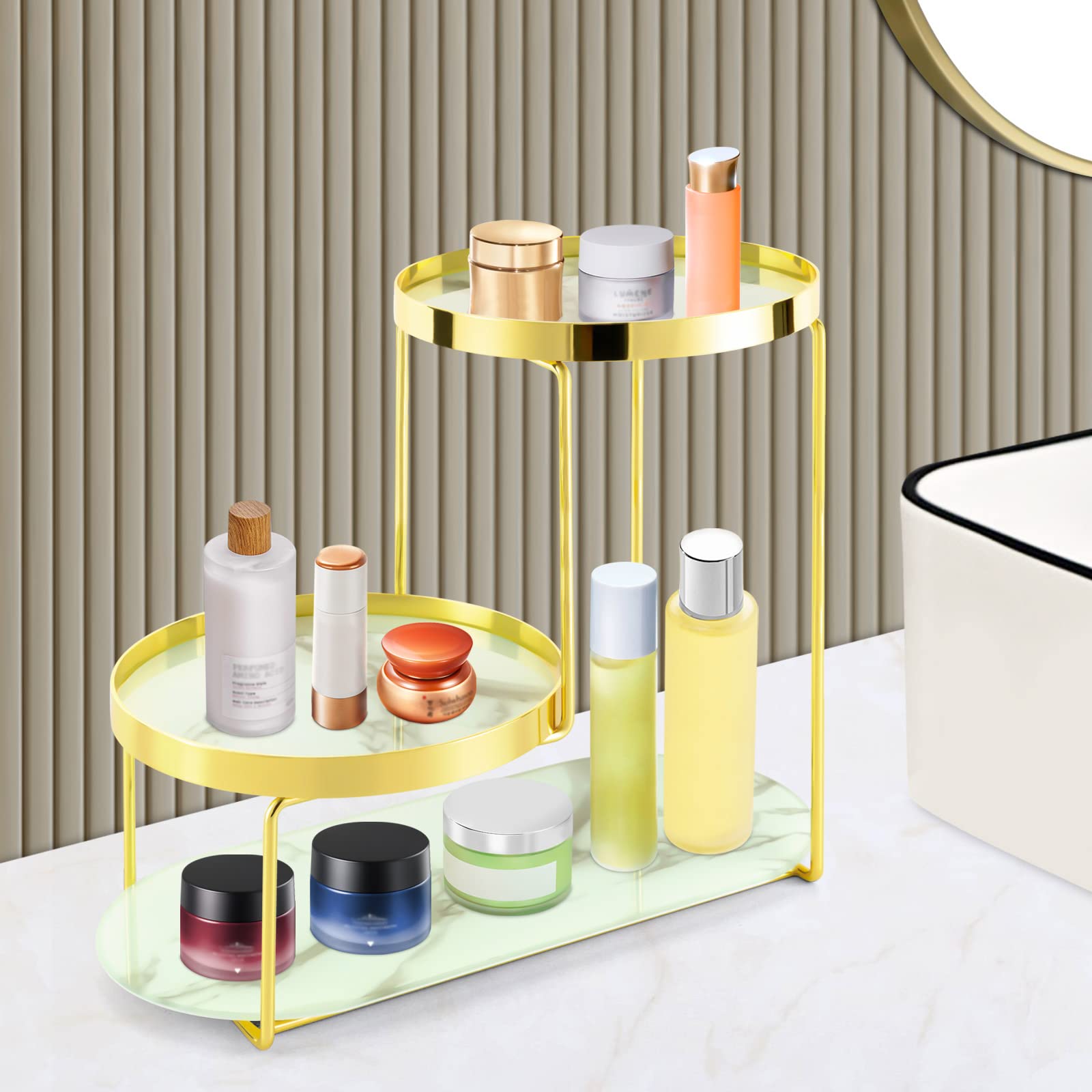 3-Tier Gold Makeup Organizer with Mirror Glass Trays - Bathroom Countertop Cosmetic Storage Vanity Tray, Dresser Shelf Display Rack for Makeup Brushes, Jewelry & Skincare Products - Perfect for Bedroom, Bathroom & Dressing Table Organization