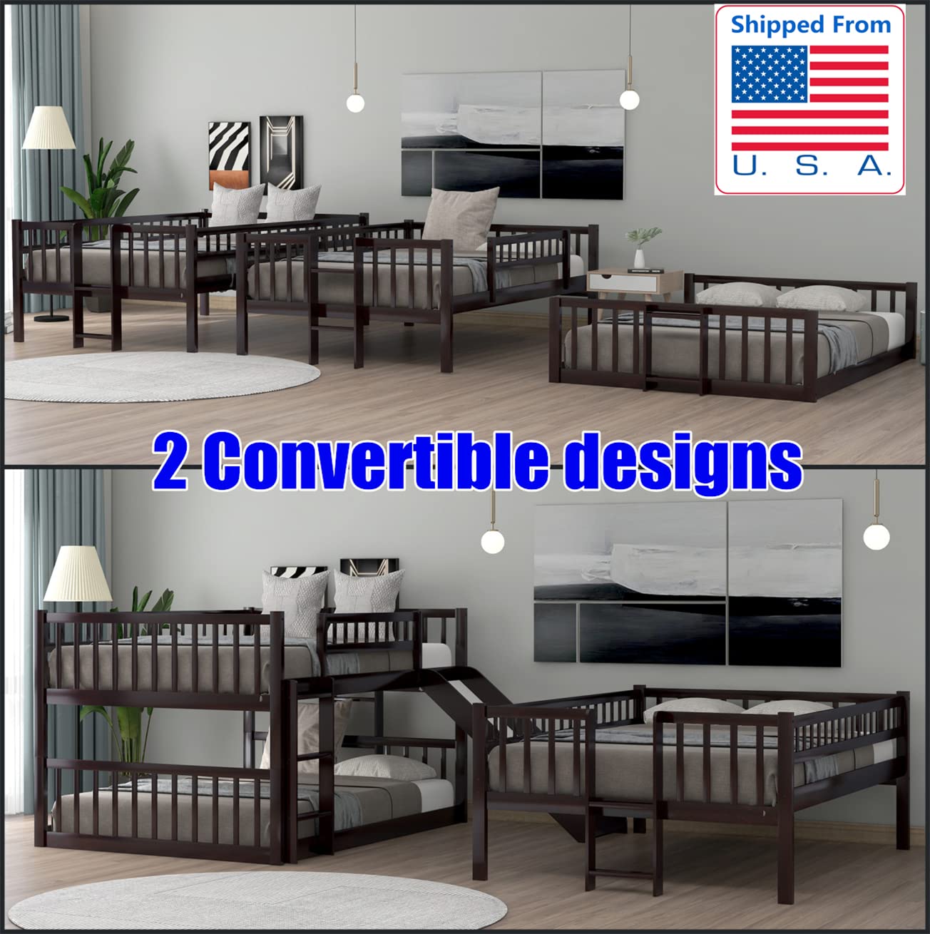 Sturdy Triple Bunk Bed for Kids with Slide - Solid Wood, Convertible Design for Bedroom & Playroom