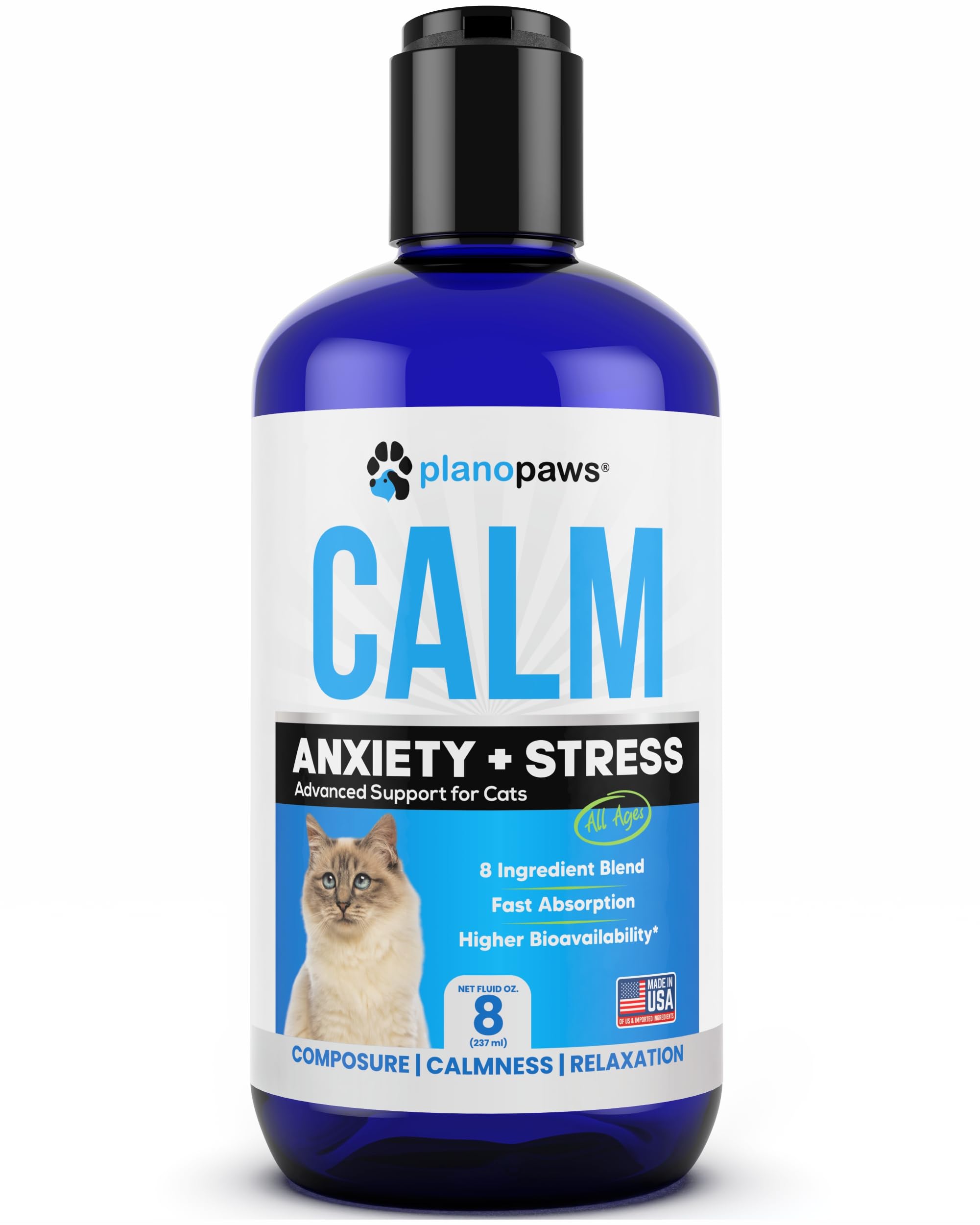 Cat Anxiety Relief Liquid Drops - 90 Day Supply with Faster Absorption Than Calming Treats - Natural Calming Aid for Cats of All Ages - Sleep Support with 8-Ingredient Blend & Melatonin - Perfect for Stressful Events, Travel & Vet Visits