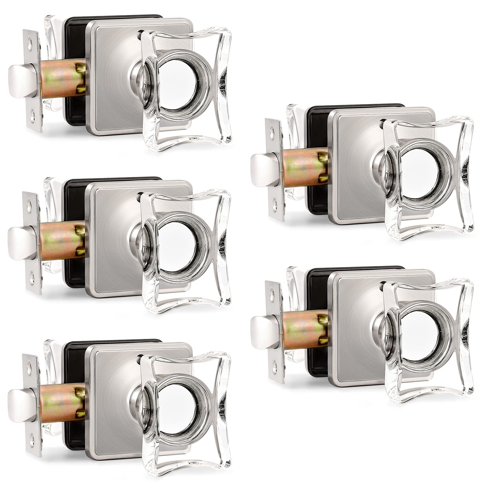 Gobrico 5-Pack Brushed Nickel Privacy Door Knob Sets with Keyless Lock - Crystal Interior Knobs for Bedroom & Bathroom - Square Rosette Design for Modern Home Security & Style