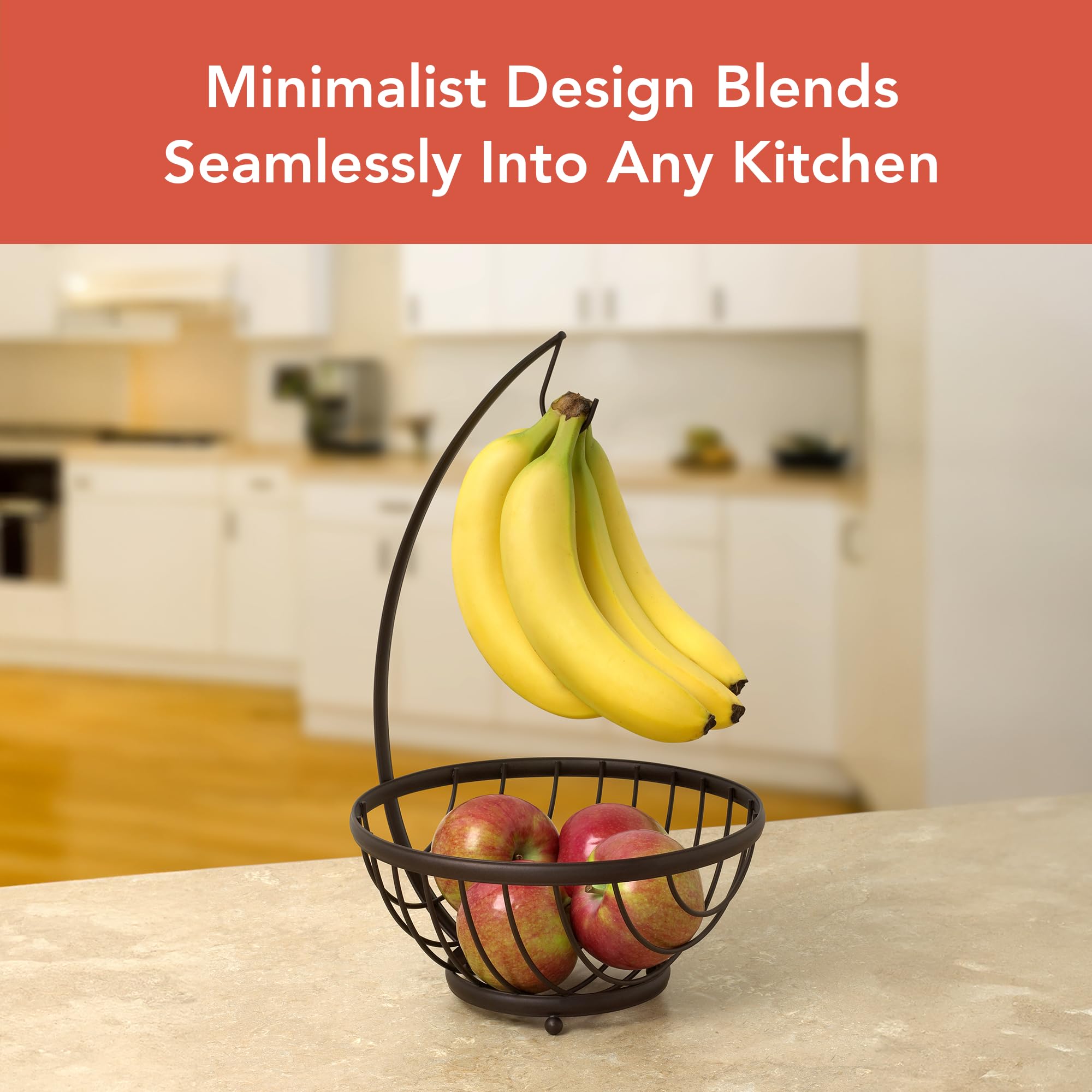 Spectrum Ashley Open Wire Fruit Basket with Banana Hanger - Kitchen Countertop Vegetable & Fruit Bowl Organizer - Produce Storage Stand for Bananas, Apples, Oranges - Perfect for Kitchen, Dining Room, Pantry Organization