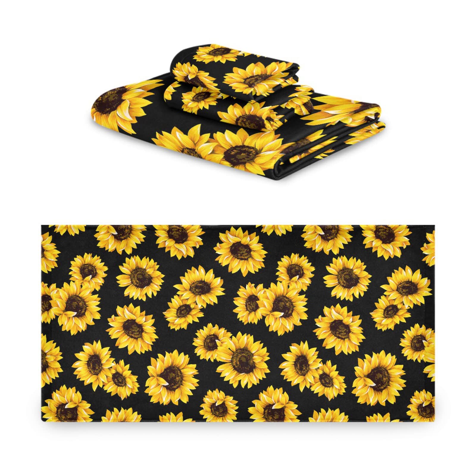 Qilmy 3-Piece Sunflower Towel Set - Ultra Absorbent & Soft Bath Towel, Hand Towel & Washcloth for Bathroom Decor | Perfect for Spa, Beach & Home Use
