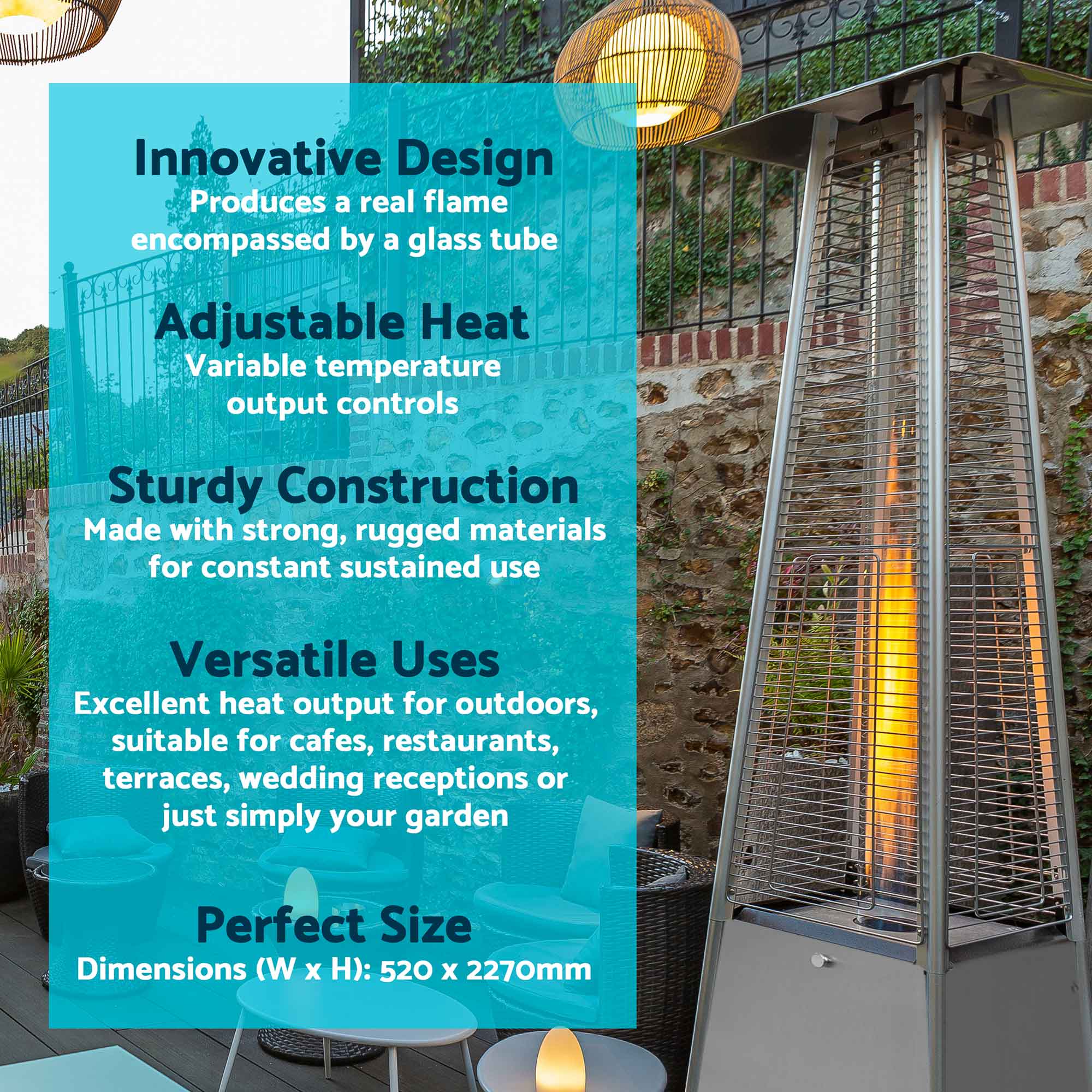 Pyramid Gas Patio Heater 13kW - Commercial & Residential Outdoor Heater with Weatherproof Cover, Stainless Steel DG225 - Perfect for Restaurants, Backyards, and Patio Parties