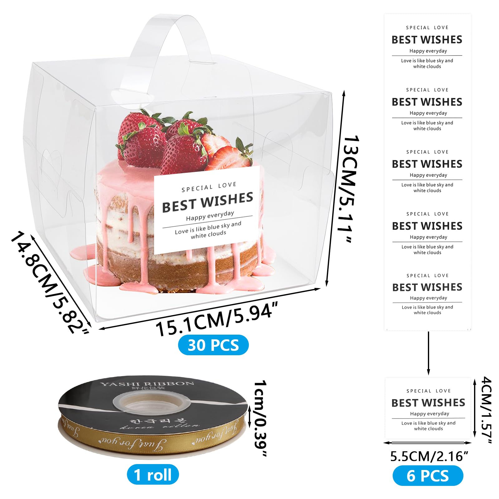 SHUESS 30Pcs 6x6x5 Inch Clear Transparent Bakery Cake Boxes with Handle & Cake Boards - Perfect for Wedding, Birthday, Cupcake Display & Dessert Storage