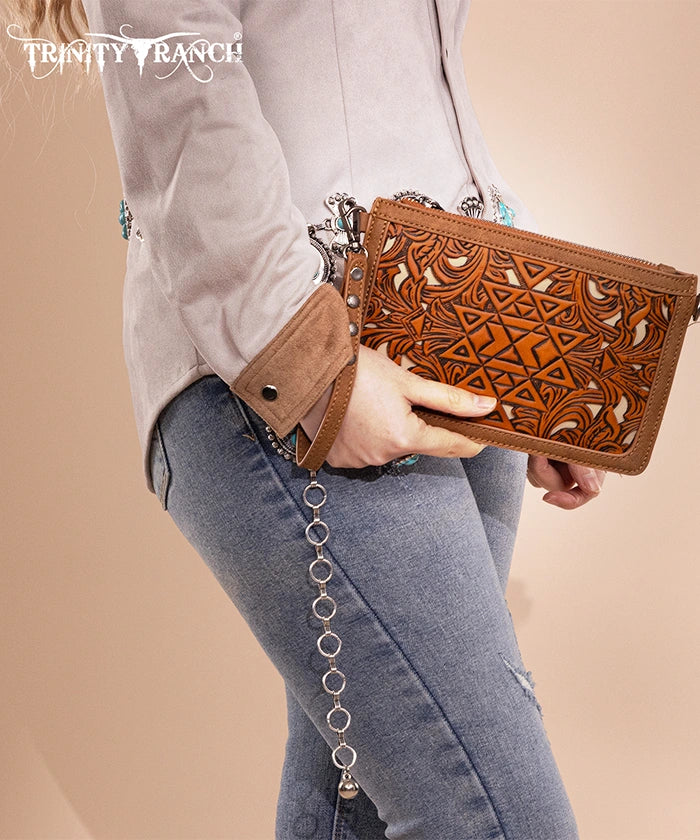 Trinity Ranch Aztec Tooled Leather Wristlet - Stylish Crossbody Wallet for Women | Perfect for Shopping, Travel & Everyday Use