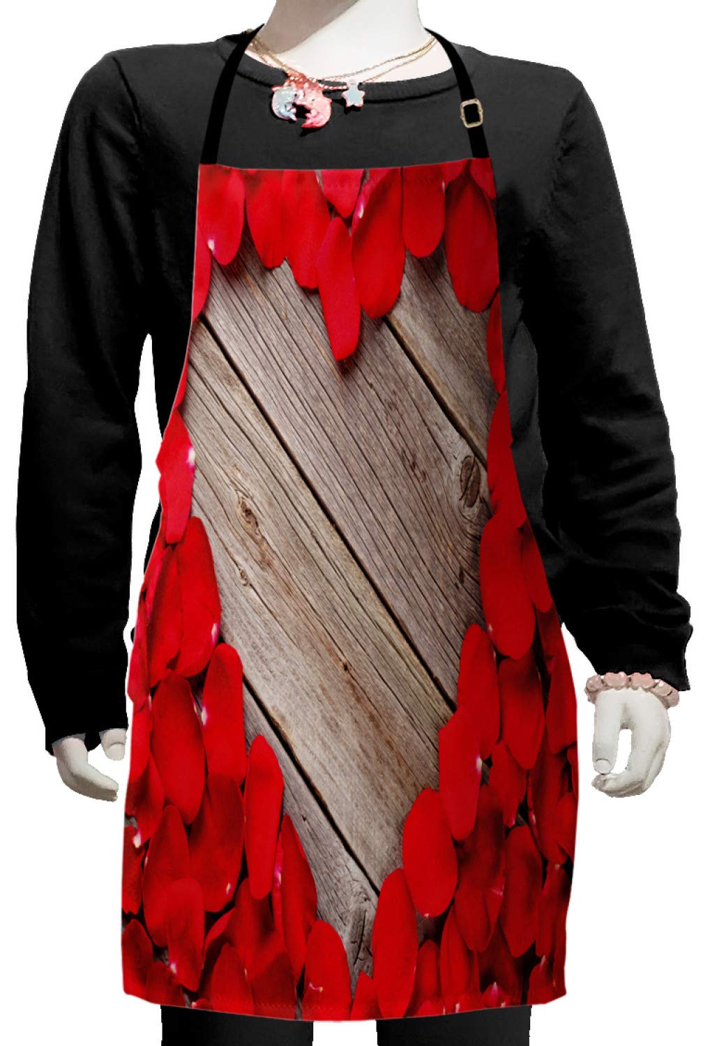 Ambesonne Rose Apron - Vibrant Red Rose Petals Heart Design Adjustable Bib Apron for Baking, Painting & Cooking - Small Size (Vermilion/Cocoa) - Perfect for Valentine's Day, Romantic Dinners & Kitchen Gifts