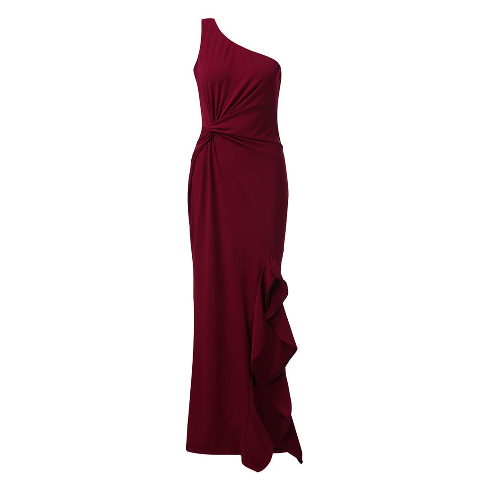 Elegant Off Shoulder Women's Formal Dress with Front Slit & Ruffle Detail - Sexy Slim Fit Maxi Dress for Wedding Guest, Evening Cocktail Party & Special Occasions