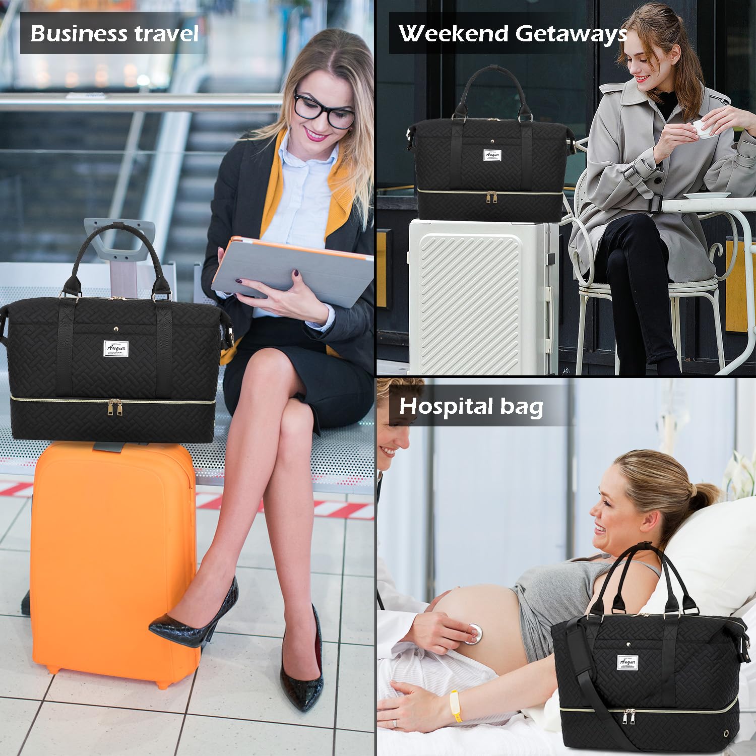 Women's Travel Duffel Bag - Waterproof Weekender Overnight Bag with Shoe Compartment & Wet Pocket | Gym, Hospital, Labor Delivery Essentials | Perfect Carry-On for Air Travel, Weekend Getaways & Workouts
