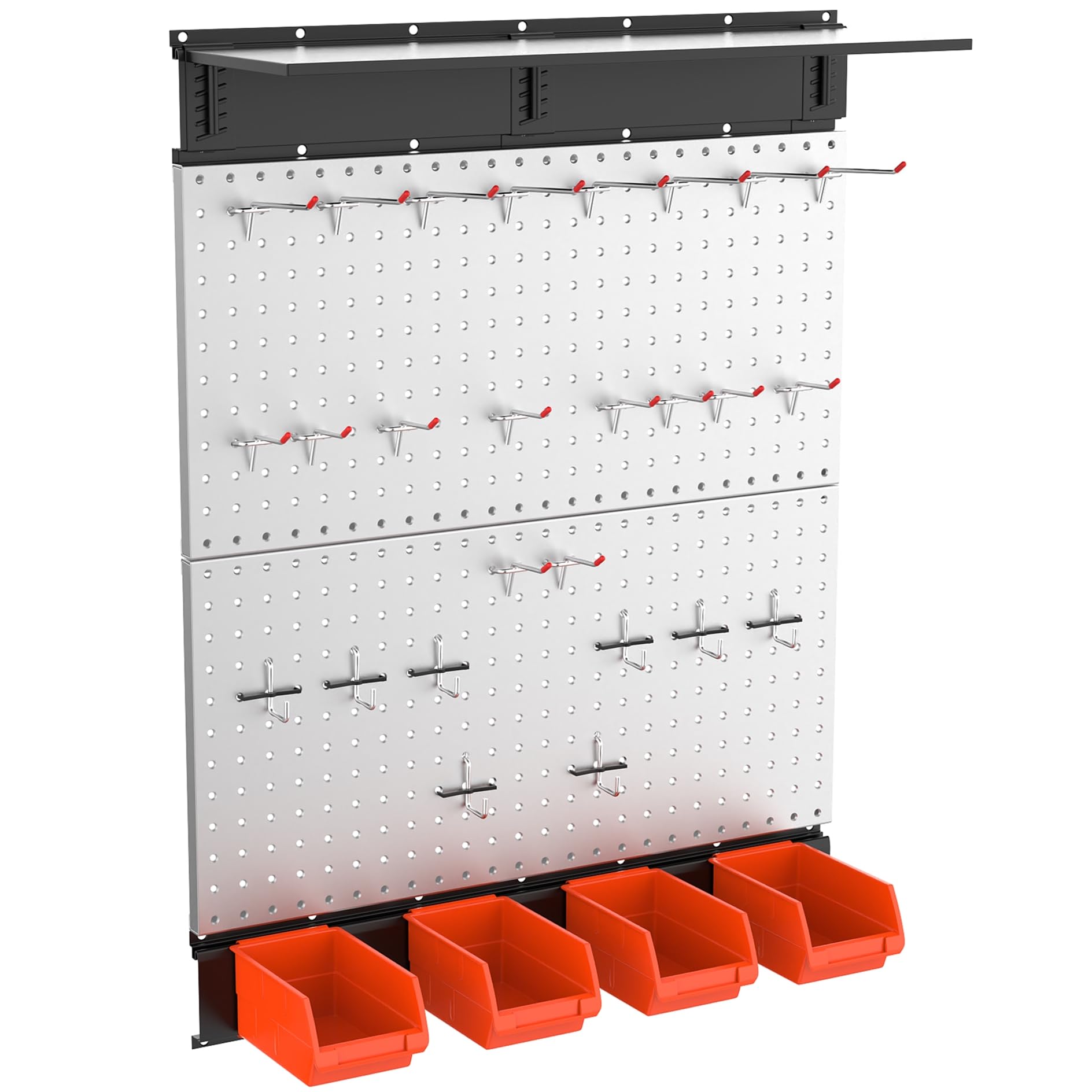 TORACK 69-Piece Metal Pegboard Kit with Hooks, Wall Mounted Bins & Shelf - Heavy Duty Garage Tool Organizer, Workshop Wall Storage System for Tools (Grey) - Perfect for Garage Organization, Workshop Tool Storage & DIY Projects