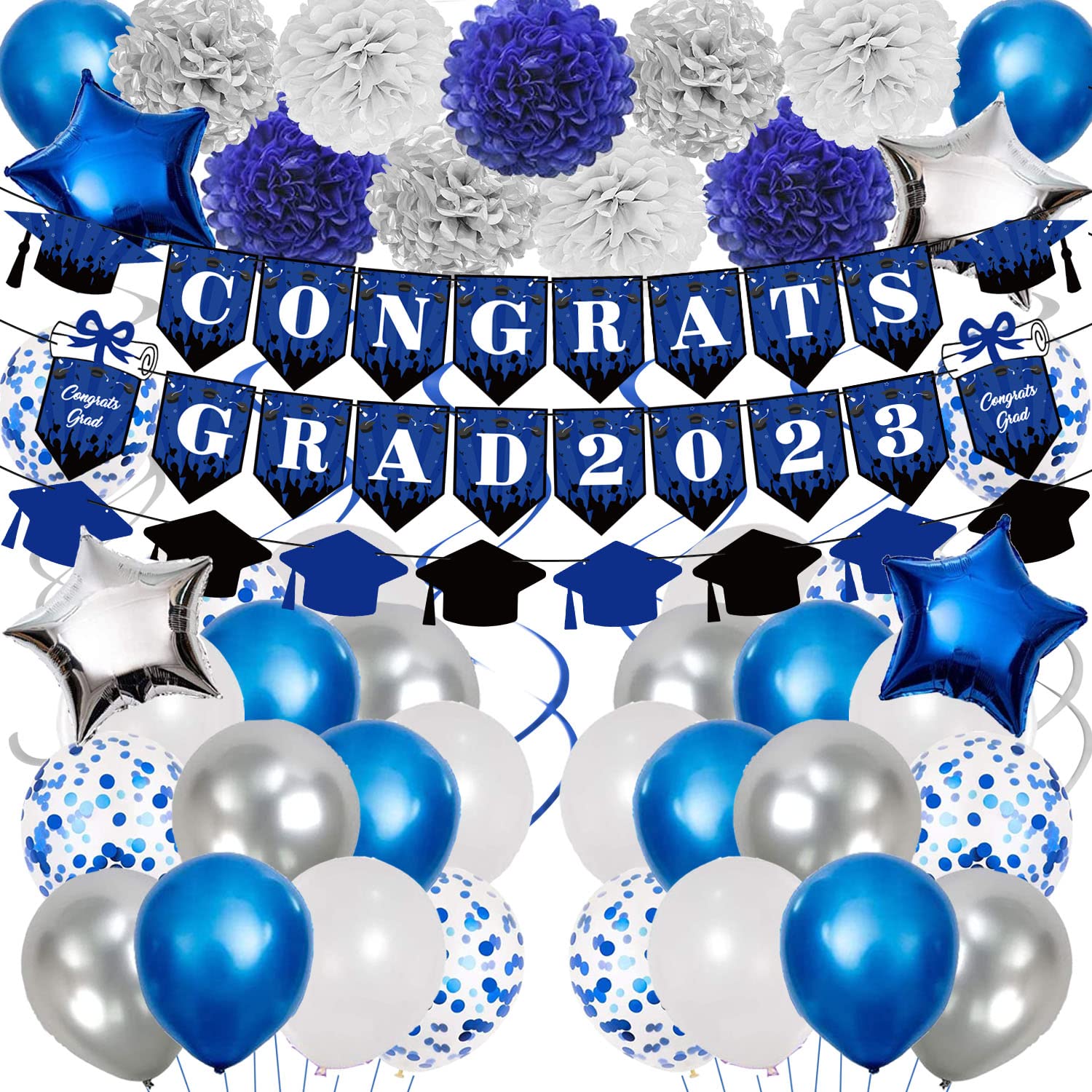2023 Blue Graduation Party Decorations Set - Congrats Grad Banner, Blue White Silver Pom Poms, Hanging Swirls, Star Foil Balloons & Confetti Balloons for College & High School Graduation Ceremonies - Perfect for Graduation Parties, Photo Backdrops & School Events
