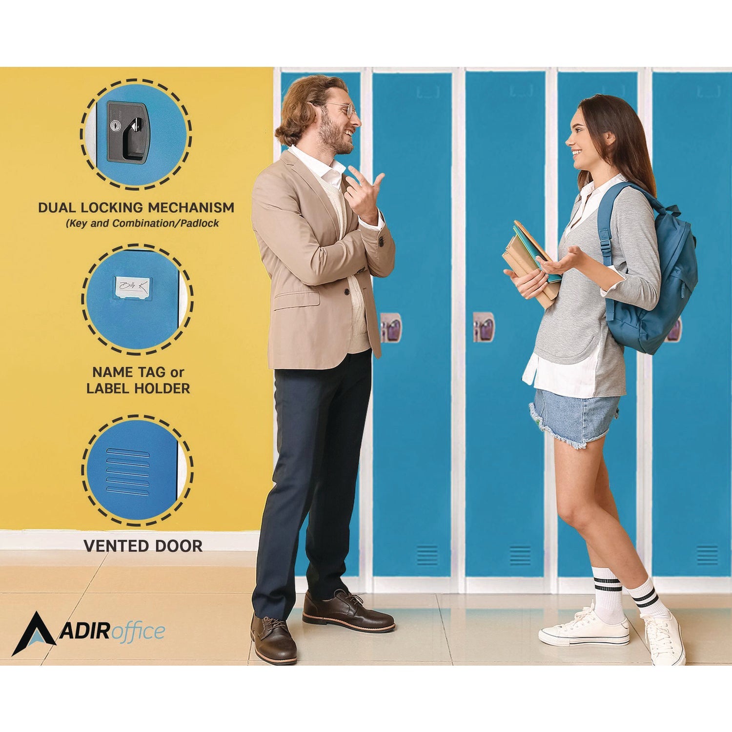 AdirOffice Heavy Duty Steel Storage Locker - 12x12x72 Inches, Blue - Secure 1-Compartment Cabinet for Schools, Gyms & Offices