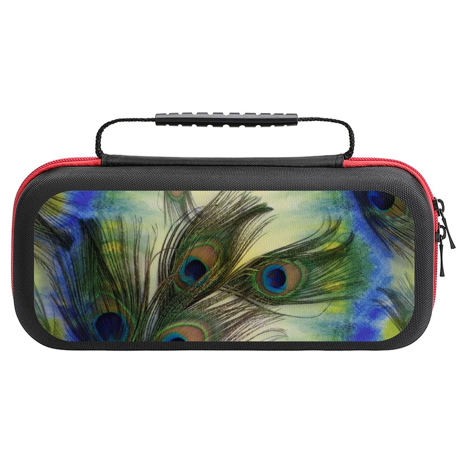 Watercolor Peacock Feathers Printed Carrying Case for Nintendo Switch Lite - Travel Storage Bag with Accessories Pouch | Portable Protective Cover for Gaming, Commuting & Outdoor Use