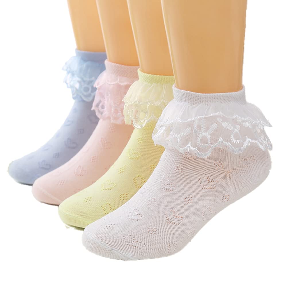YUEN Girls Lace Ankle Socks - 4 Pack Cute Ruffle Frilly Cotton Socks with Lace Trim | Princess Style Socks for Big Girls | Perfect for School, Parties & Everyday Wear