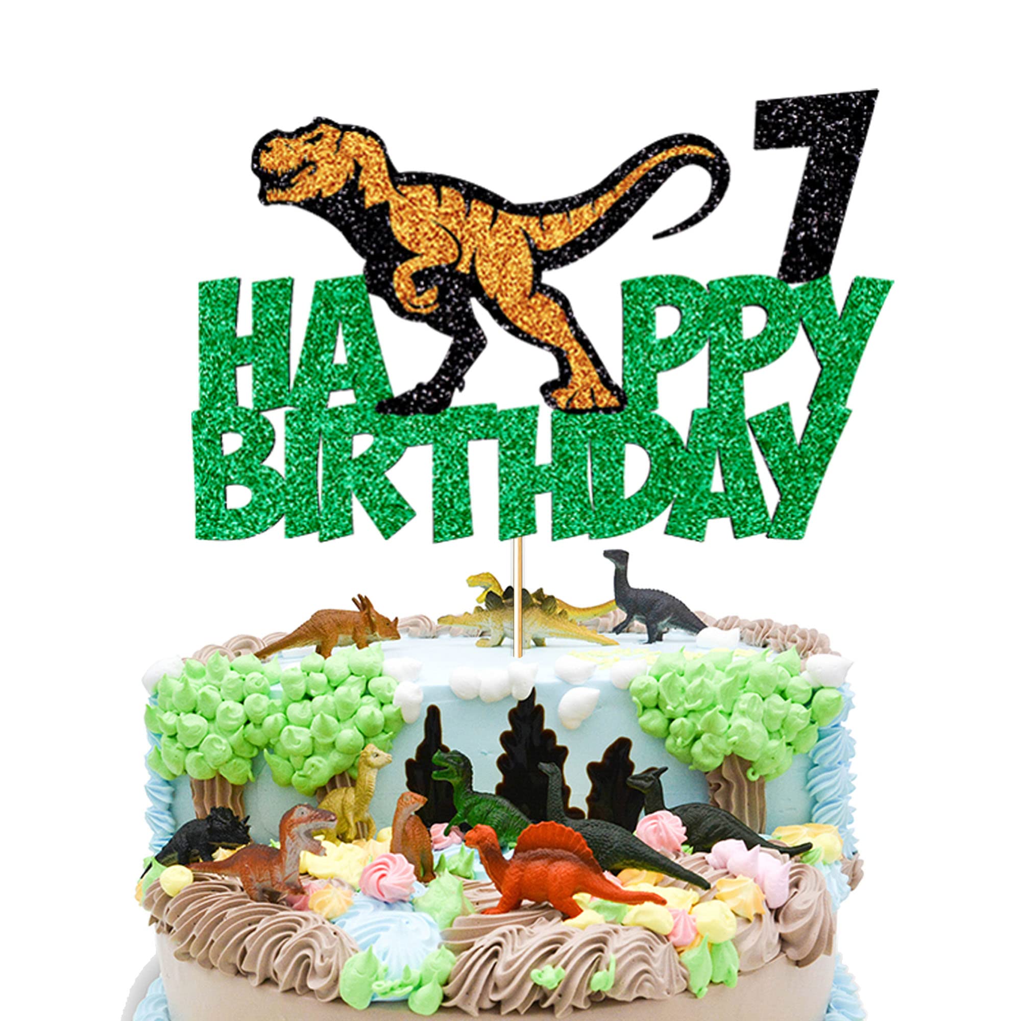 Dinosaur Cake Topper for 7th Birthday Party | T-Rex Happy Birthday Cake Decoration | Kids Birthday Party Supplies | Perfect for Dinosaur-Themed Celebrations & Cake Decorating