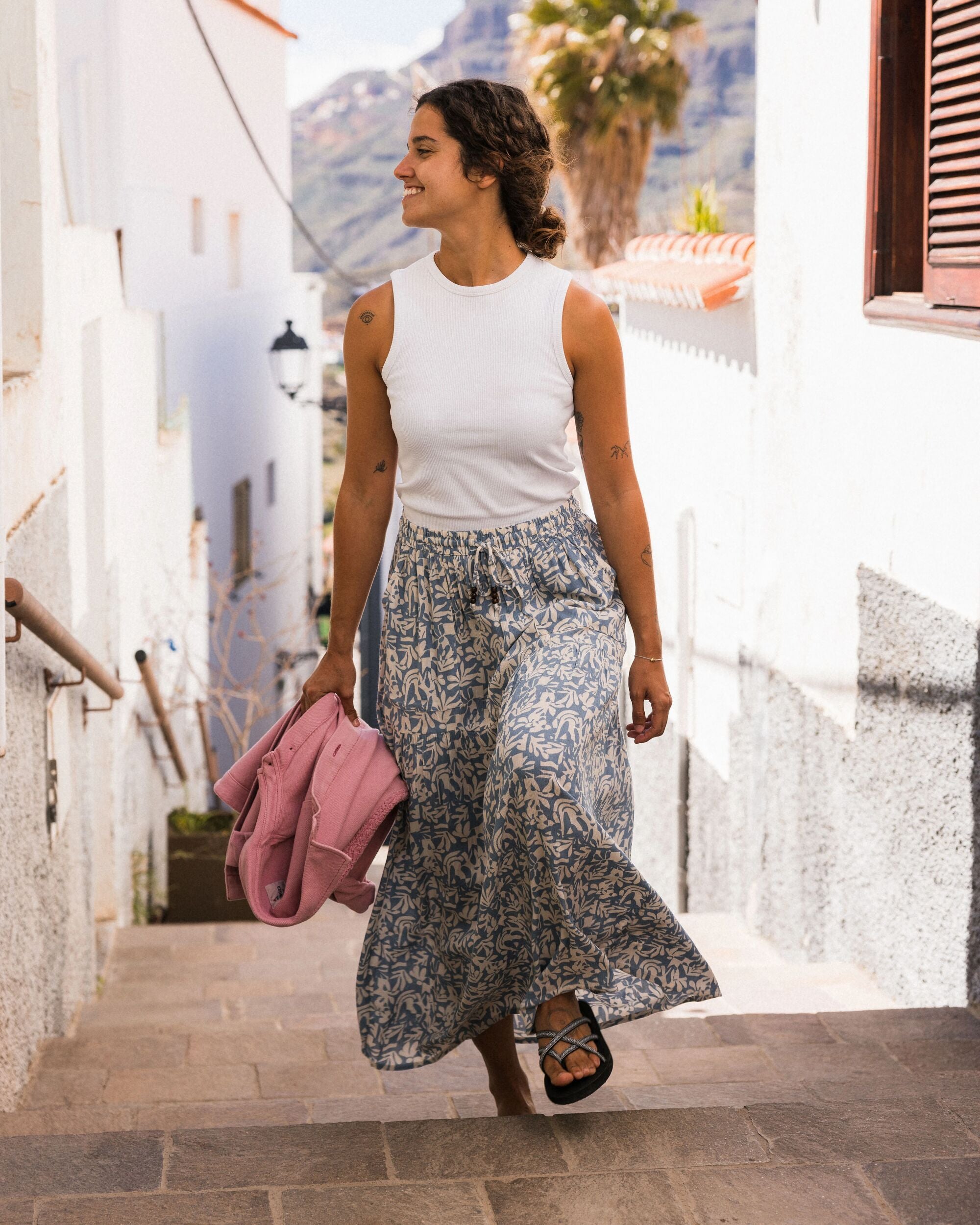 Zephyr Woven Maxi Skirt - Faded Denim with Mountain Foliage Print | Boho Chic Women's Long Skirt for Summer, Beach, and Casual Outings