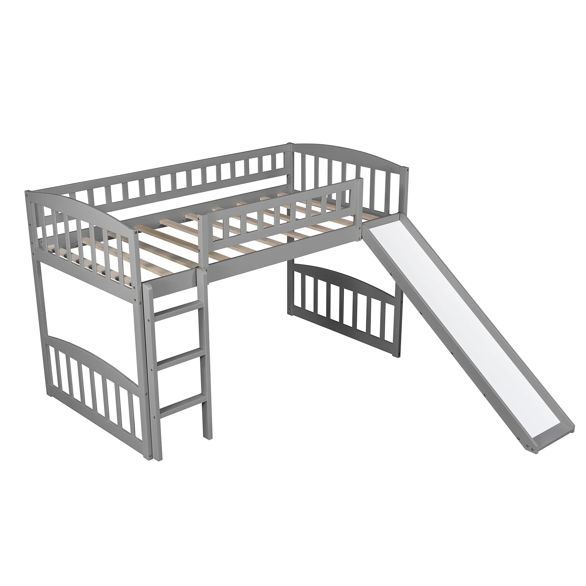 Twin Size Low Loft Bed with Slide and Ladder - Sturdy Wooden Loft Bed Frame for Kids, Girls & Boys in Gray | Perfect for Small Bedrooms, Playrooms & Dorm Rooms