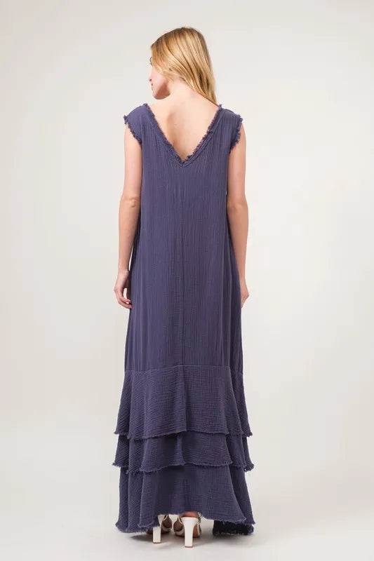 Navy Blue Washed Cotton Gauze Fringe Maxi Dress for Women - Beach Cover Up, Resort Wear, Summer Vacation Outfit